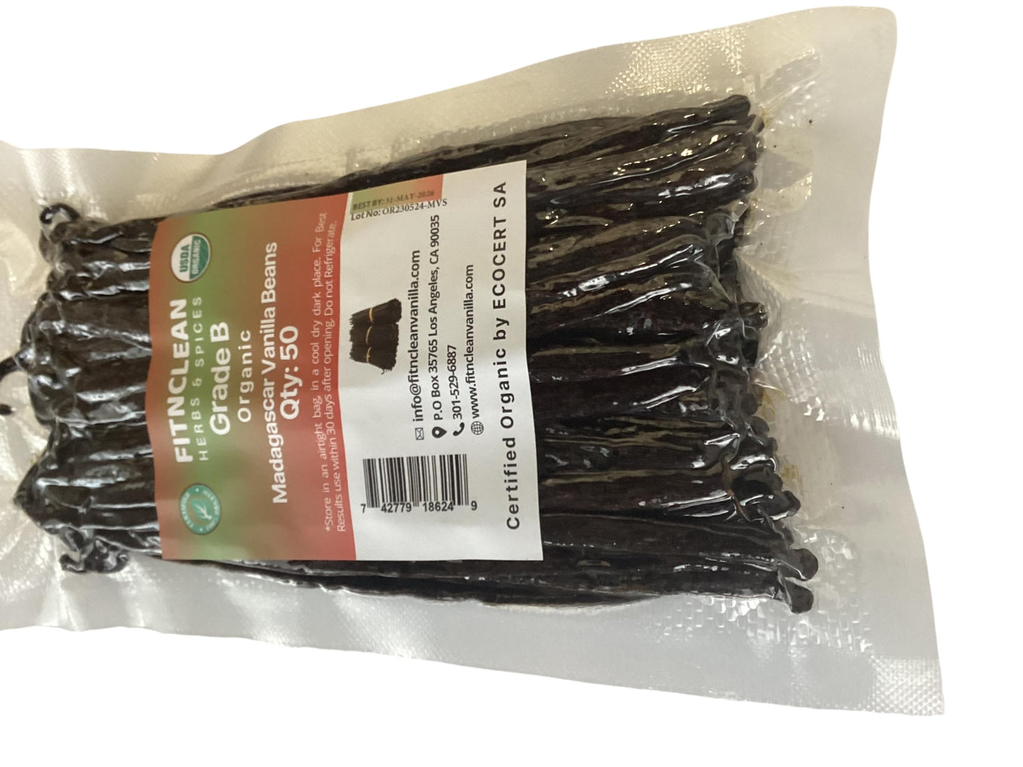 FITNCLEAN Organic Vanilla Beans Grade B, 50 Count, 5-7, Non-GMO Bourbon Pods for Extract, Cooking, and Baking