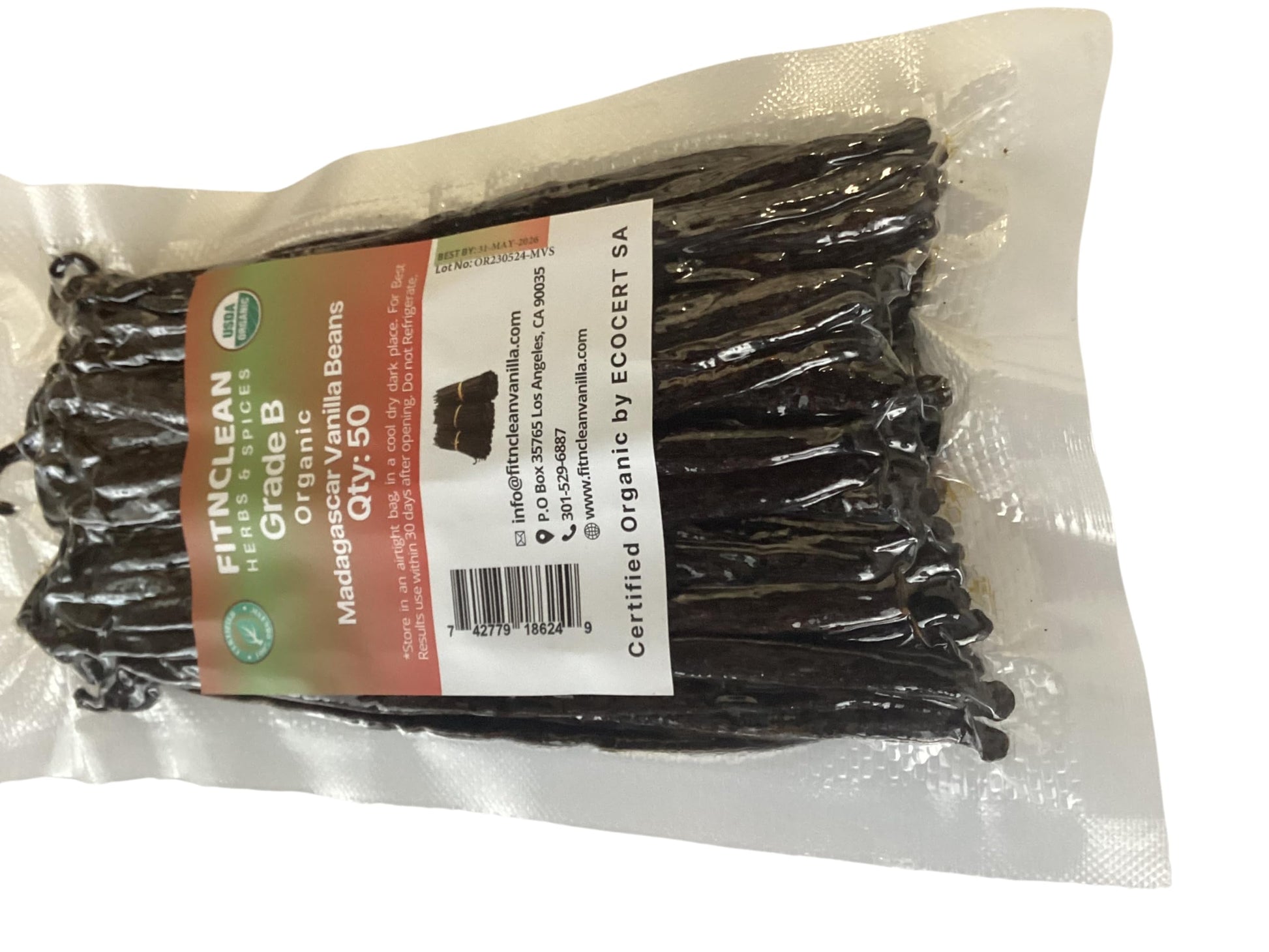 FITNCLEAN Organic Vanilla Beans Grade B, 50 Count, 5-7, Non-GMO Bourbon Pods for Extract, Cooking, and Baking