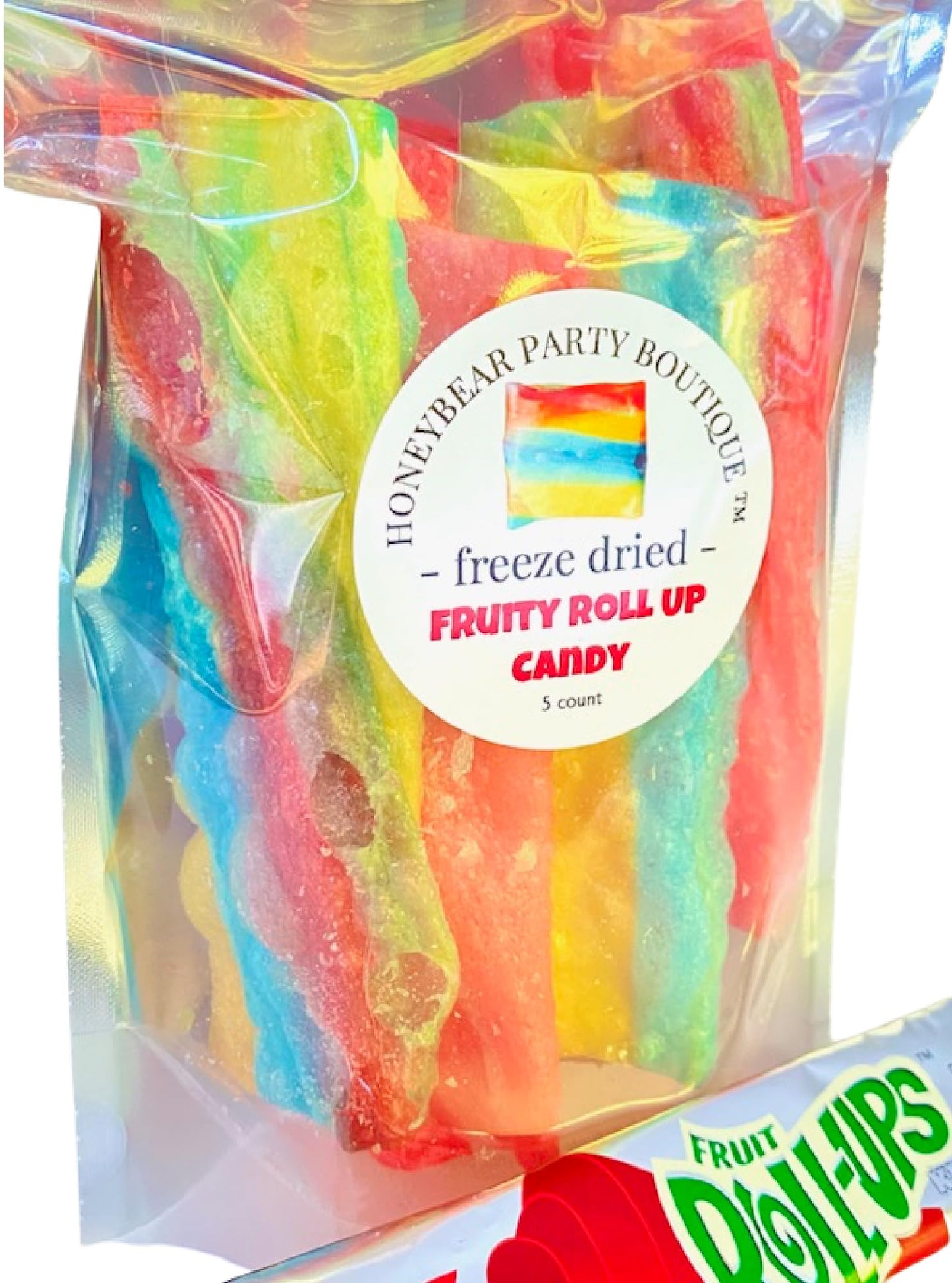 Honeybear Party Boutique Freeze Dried Fruit Roll Ups - 5 Rolls - Tropical Tye Dye & Strawberry - Red and Rainbow Color