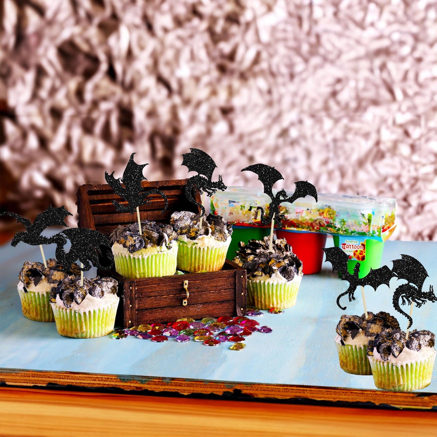 24Pcs Dragon Cupcake Toppers Glitter Dinosaur Birthday Cupcake Picks For Flying Dragon Theme Baby Shower Kids Birthday Party Cak