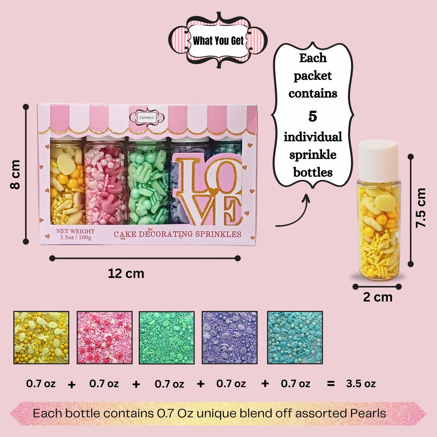 Confect Baby Shower Sprinkles - Assorted Pack Of 5 (Parrot Green, Pink, Purple & Yellow) | Edible Sprinkles For Baking, Cake & C