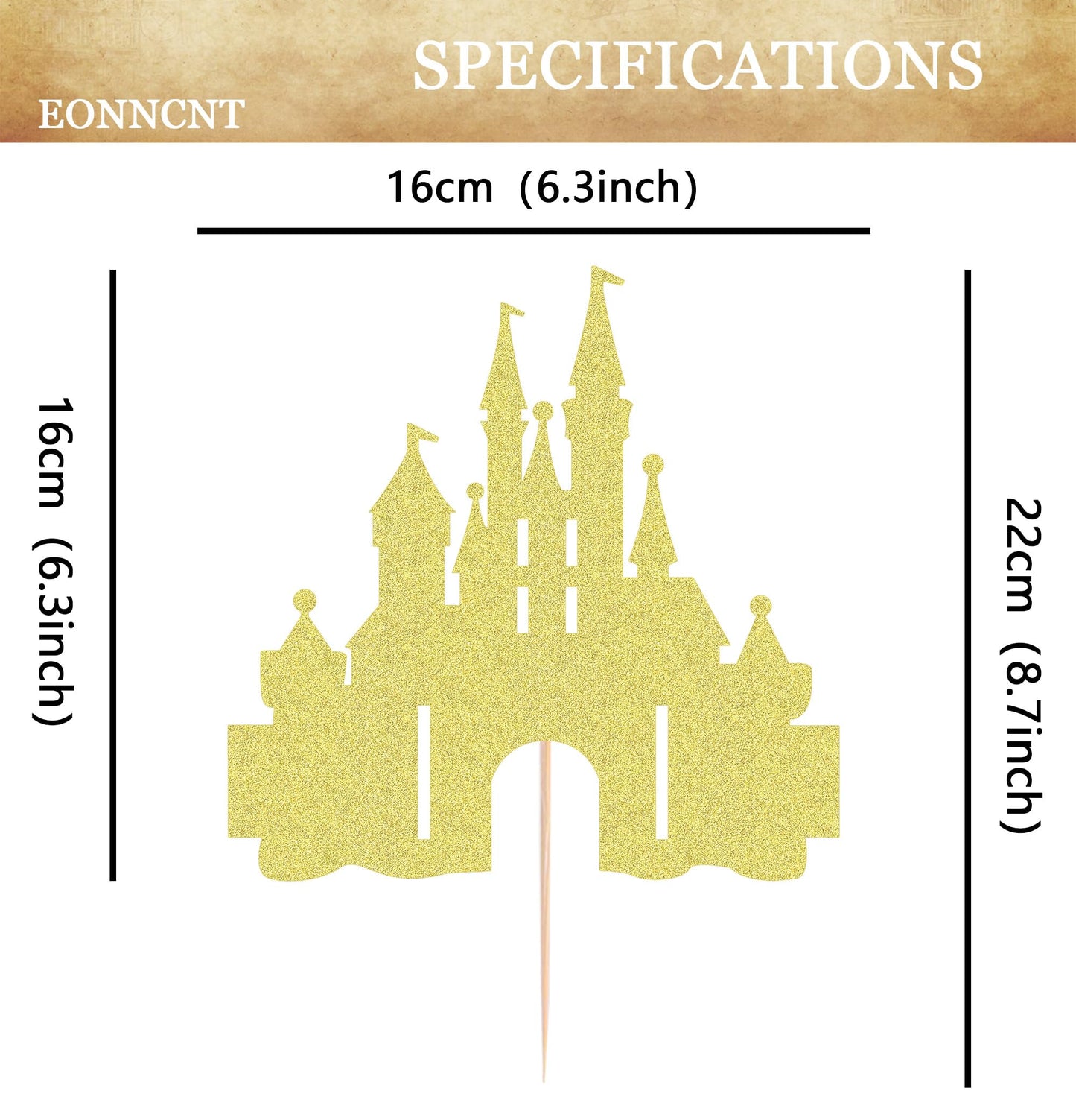 EONNCNT Castle Cake Topper - Gold Glitter, Cardboard, 6.3x8.7 for Birthday Parties and Baby Showers