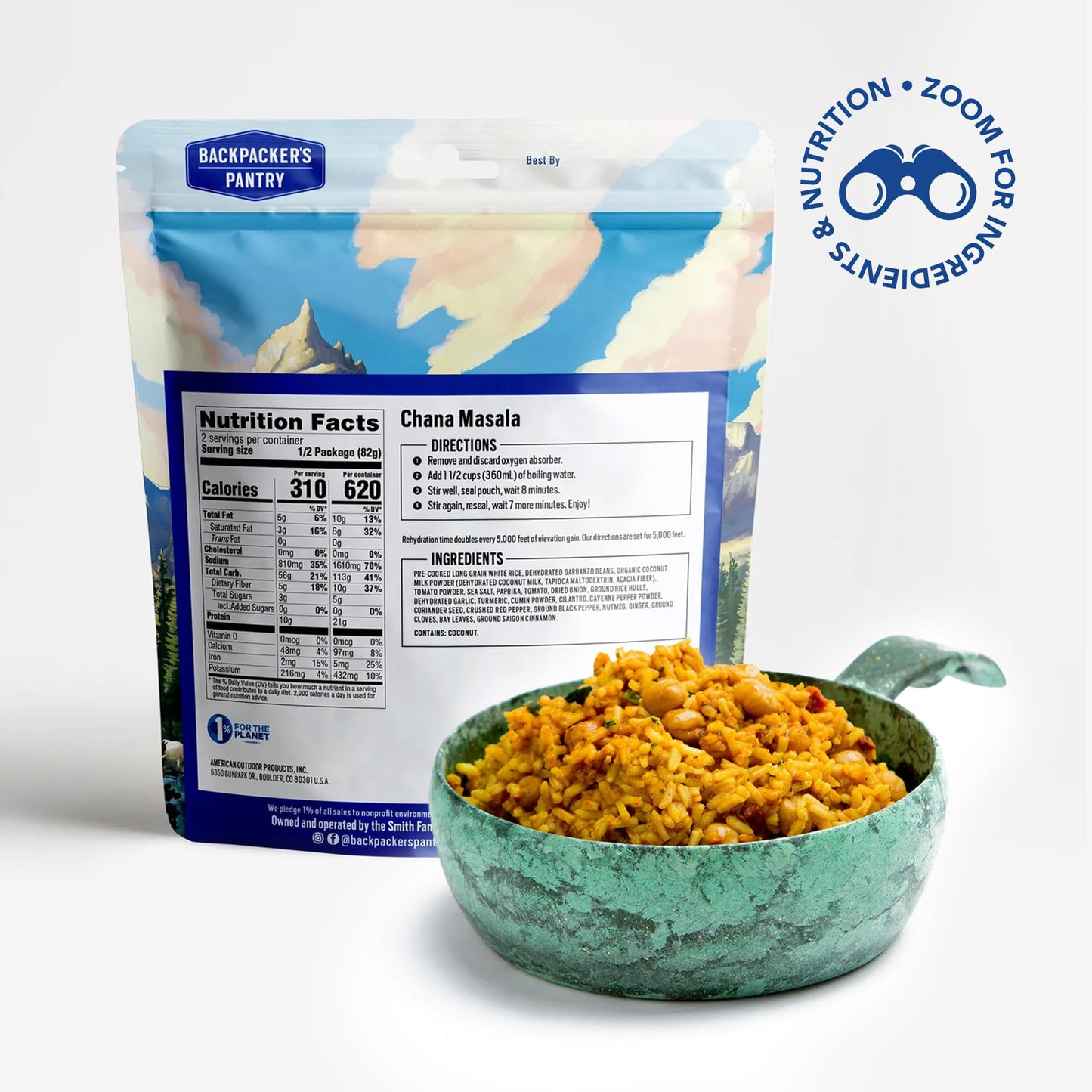 Backpackers Pantry Chana Masala, 2 Servings Per Pouch, Freeze Dried Food, 14 Grams Of Protein, Vegan, Gluten Free