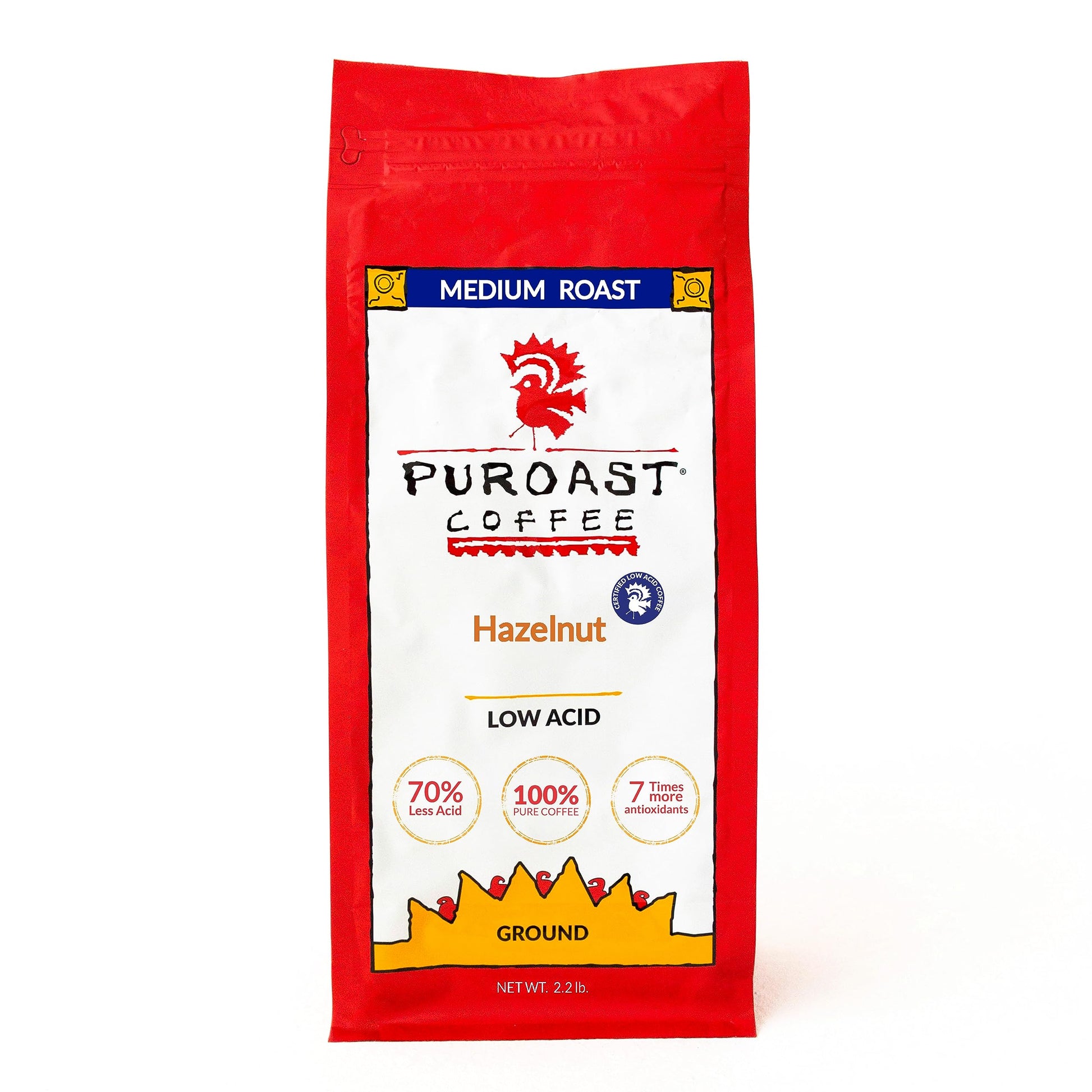 Puroast Low Acid Coffee Ground, Medium Roast, 2.2 LB, Specialty Flavored Coffee, pH 5.5+