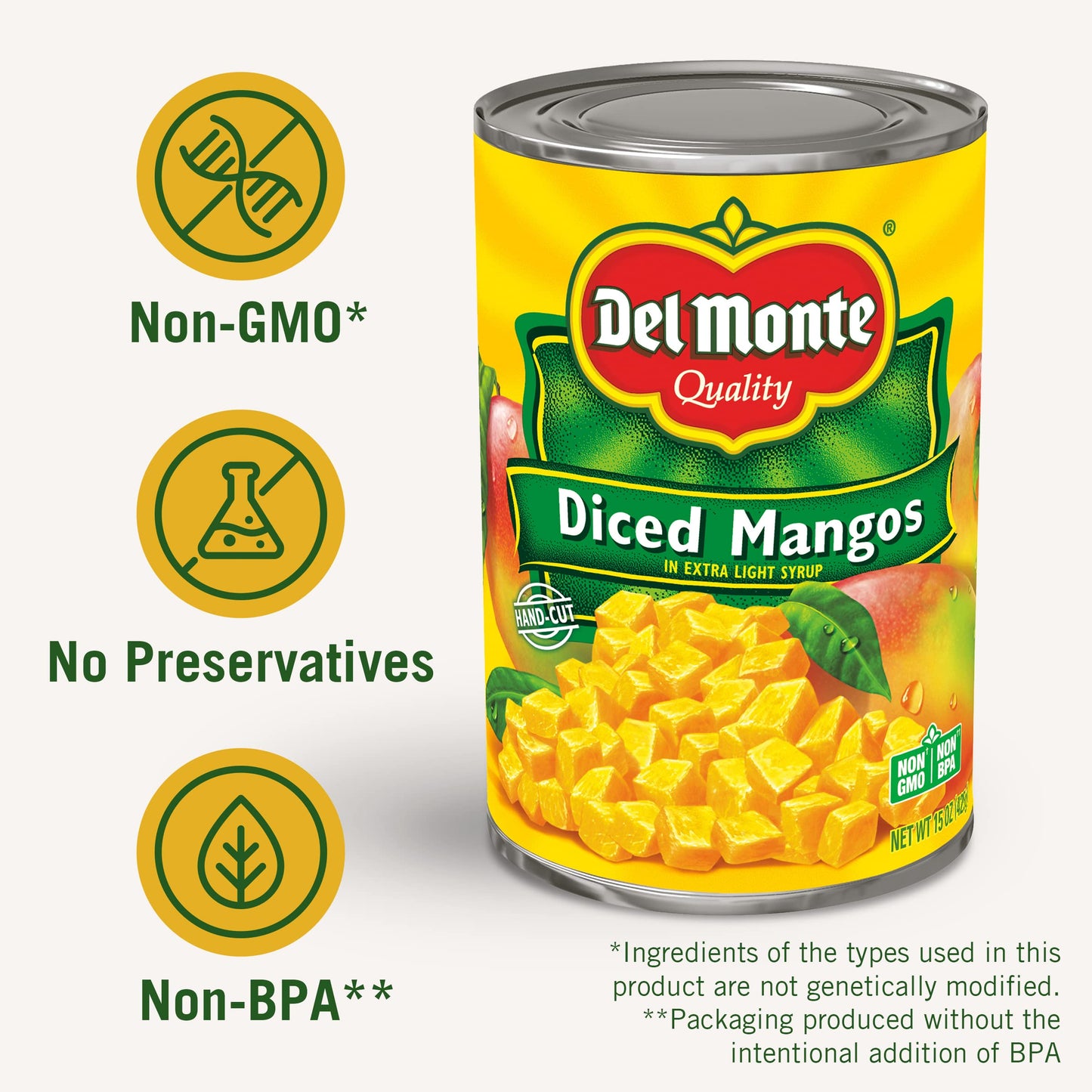 Del Monte Diced Mango in Extra Light Syrup, 15 oz Can, Pack of 12, Yellow