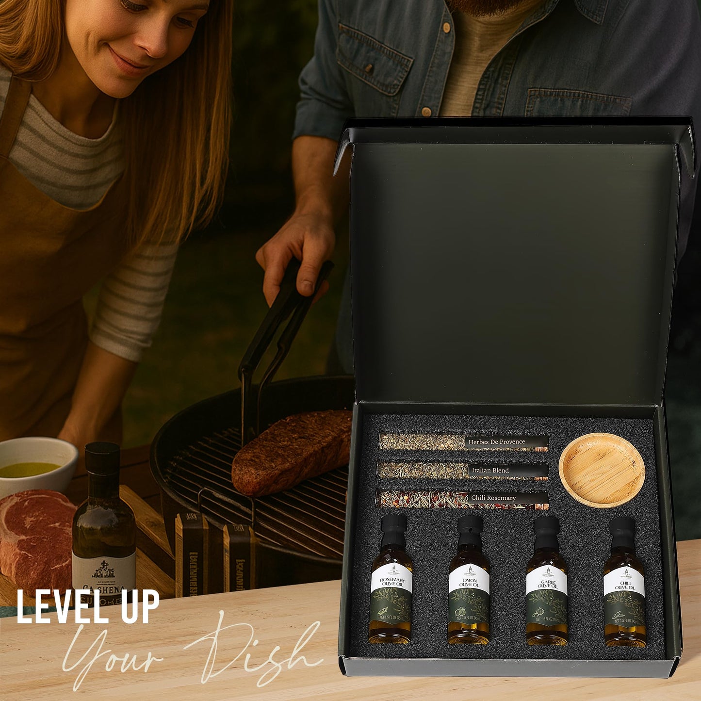 Infused Olive Oil Gift Set – Variety Pack - 4 Flavored Olive Oil Extra Virgin, 3 Spice Flavorful Infusion Blends, Bread Dipping Bowl & Recipe Booklet - Set Of 8 – Gourmet Cooking Gifts For Women