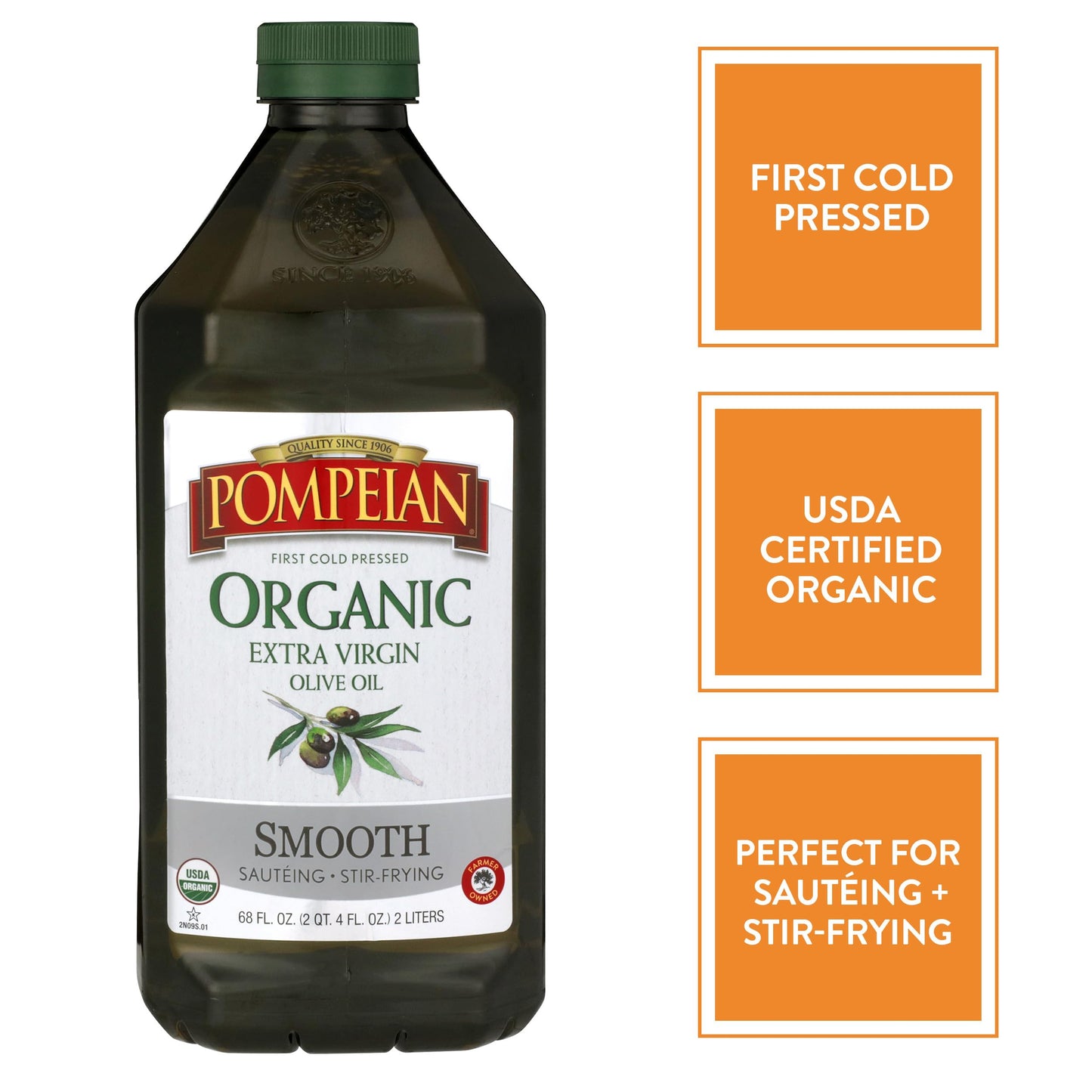 Pompeian Usda Organic Smooth Extra Virgin Olive Oil, Contains Polyphenols, First Cold Pressed, Smooth, Delicate Flavor, Perfect For Sautéing & Stir-Frying, 68 Fl. Oz.