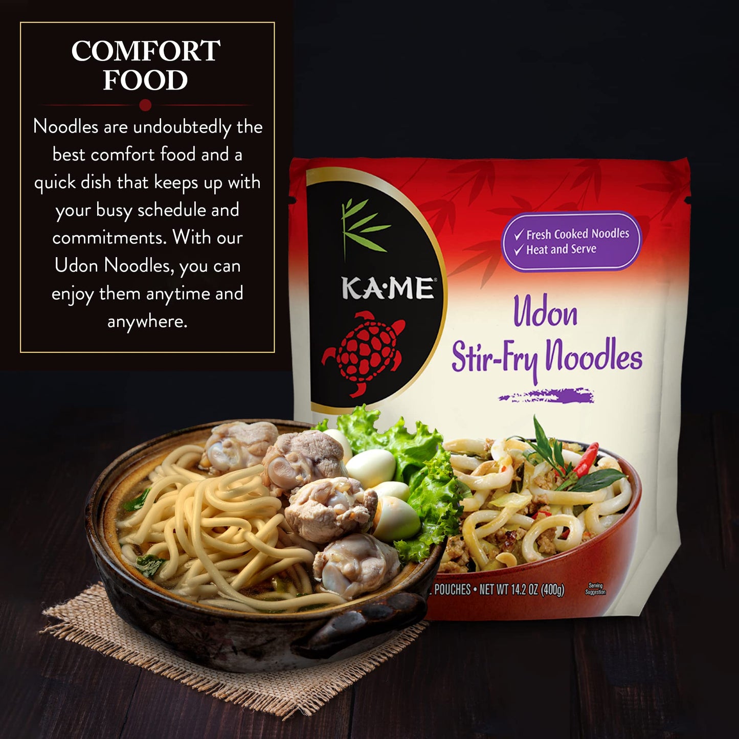 Ka-Me Udon Noodles - Fresh Cooked Stir Fry Noodles 14.2 Oz (Pack Of 6), No Preservatives/Msg, Instant & Microwaveable, Perfect For Traditional Hot & Cold Dishes, Quick Soup Or Stir-Fry & More