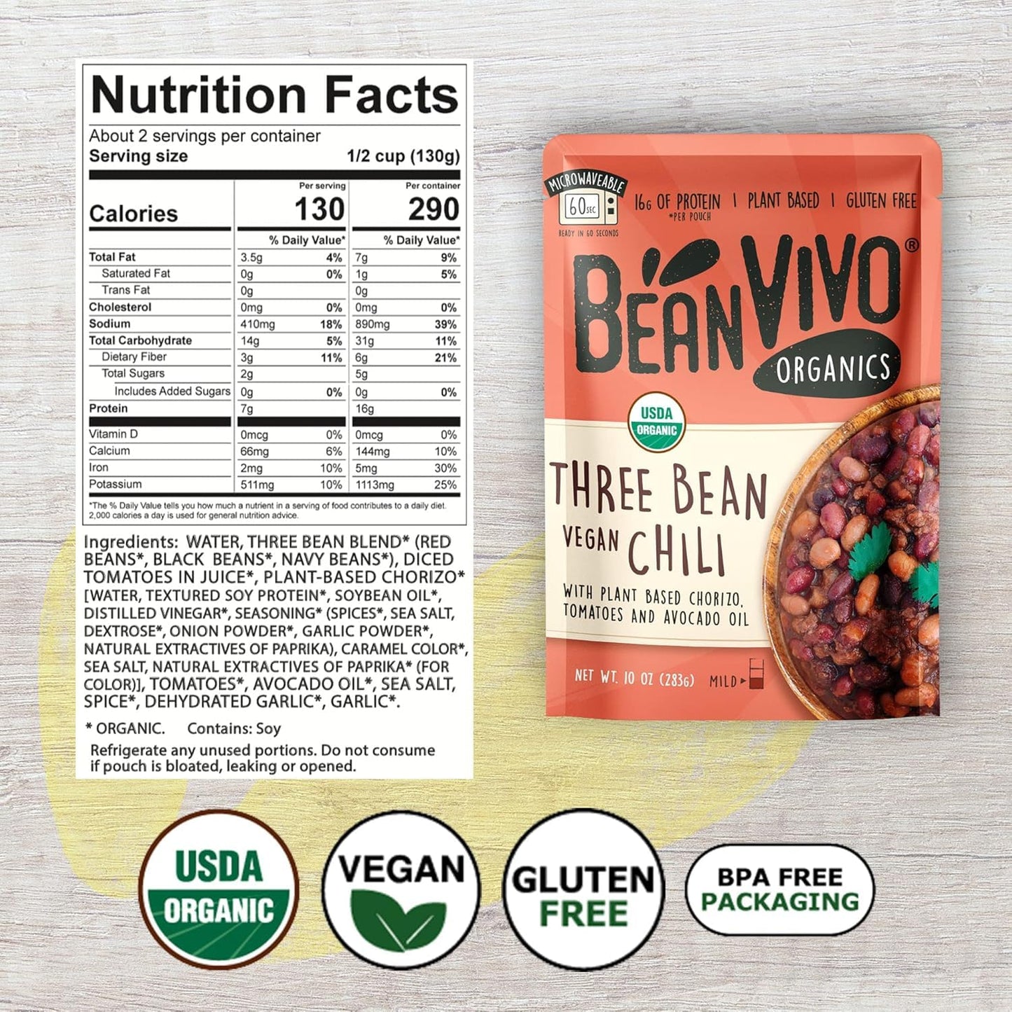 BeanVIVO (Pack of 12) Organics Plant based Protein Three Bean Vegan Chili - Good Source of Fiber - Nutritious & Microwave Meals
