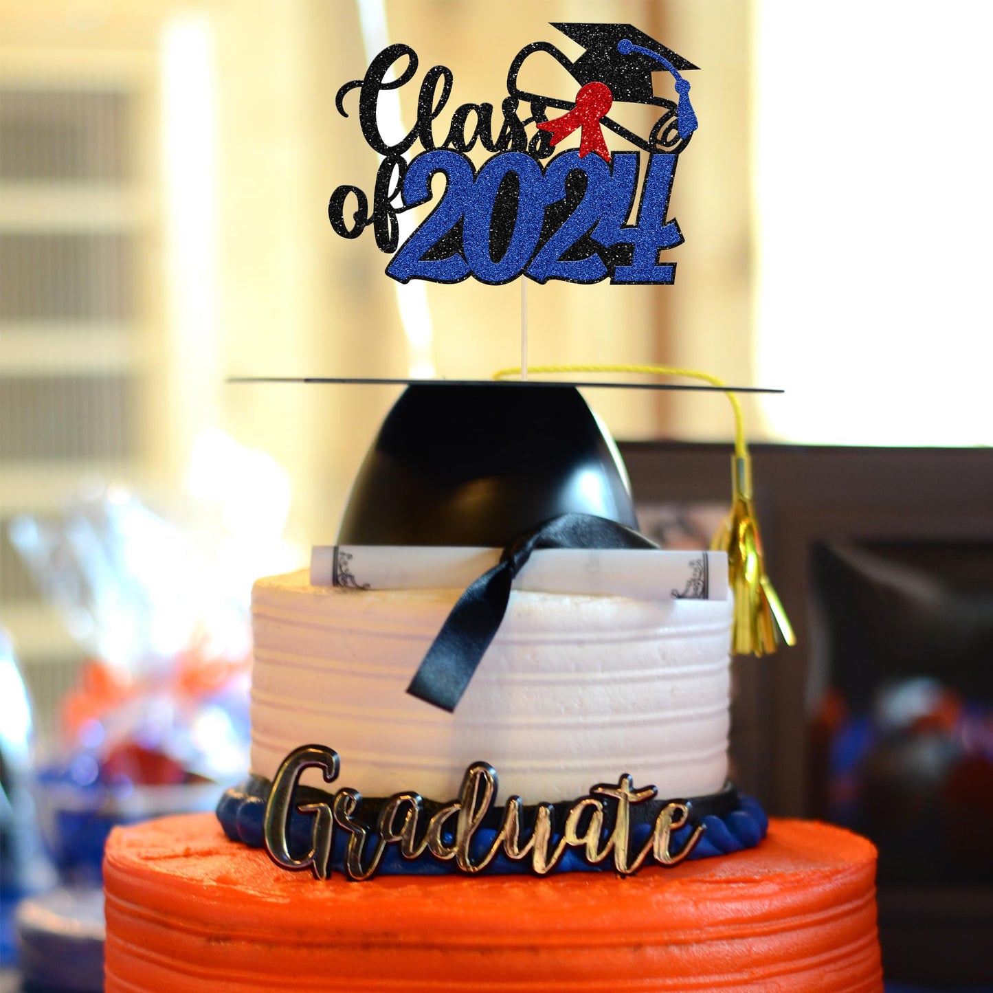 Gyufise 1Pcs Blue Glitter Class Of 2024 Cake Topper Happy Graduation Diploma Cap Cake Decoration Congrats Grad Party Decorations