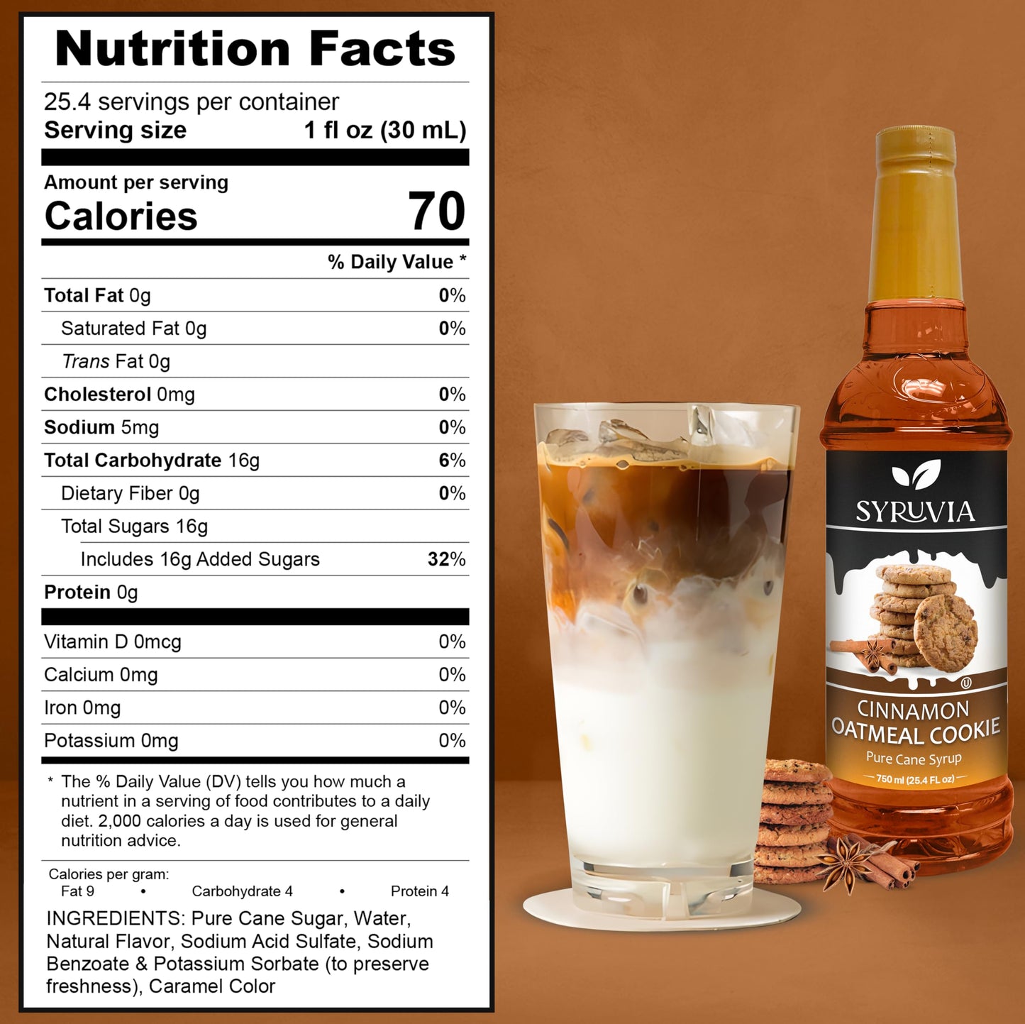 Syruvia Cinnamon Oatmeal Cookie Syrup - Cinnamon Oatmeal Cookie Coffee Syrup Flavor, 25.4 Fl Oz, Kosher, Gluten Free, Perfect Fo
