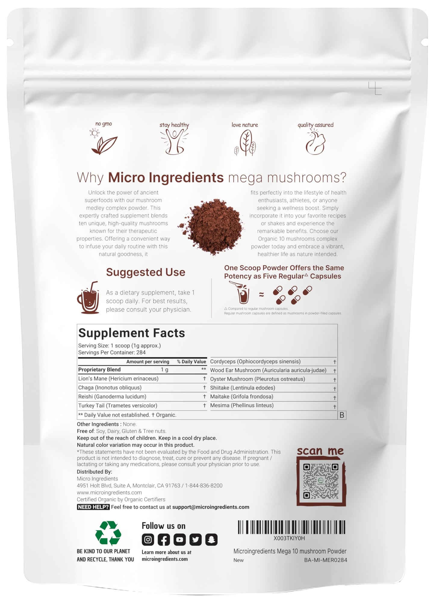 Micro Ingredients Organic Mega Mushroom Complex Powder, 10 oz, Vegan, Filler Free, Immune System Booster