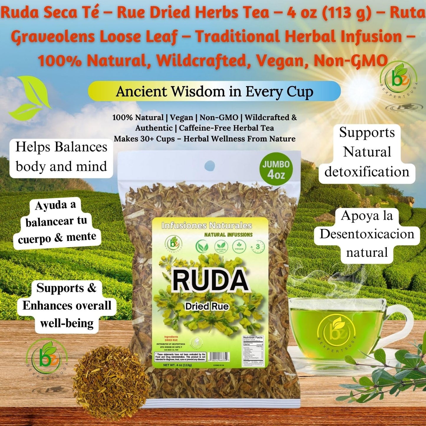 Ruda Seca T? - Rue Dried Herbs Tea - 4 oz (113 g) - Ruta Graveolens Loose Leaf - Traditional Herbal Infusion - 100% Natural  Wildcrafted  Vegan  Non-GMO - by BexpertsUSA