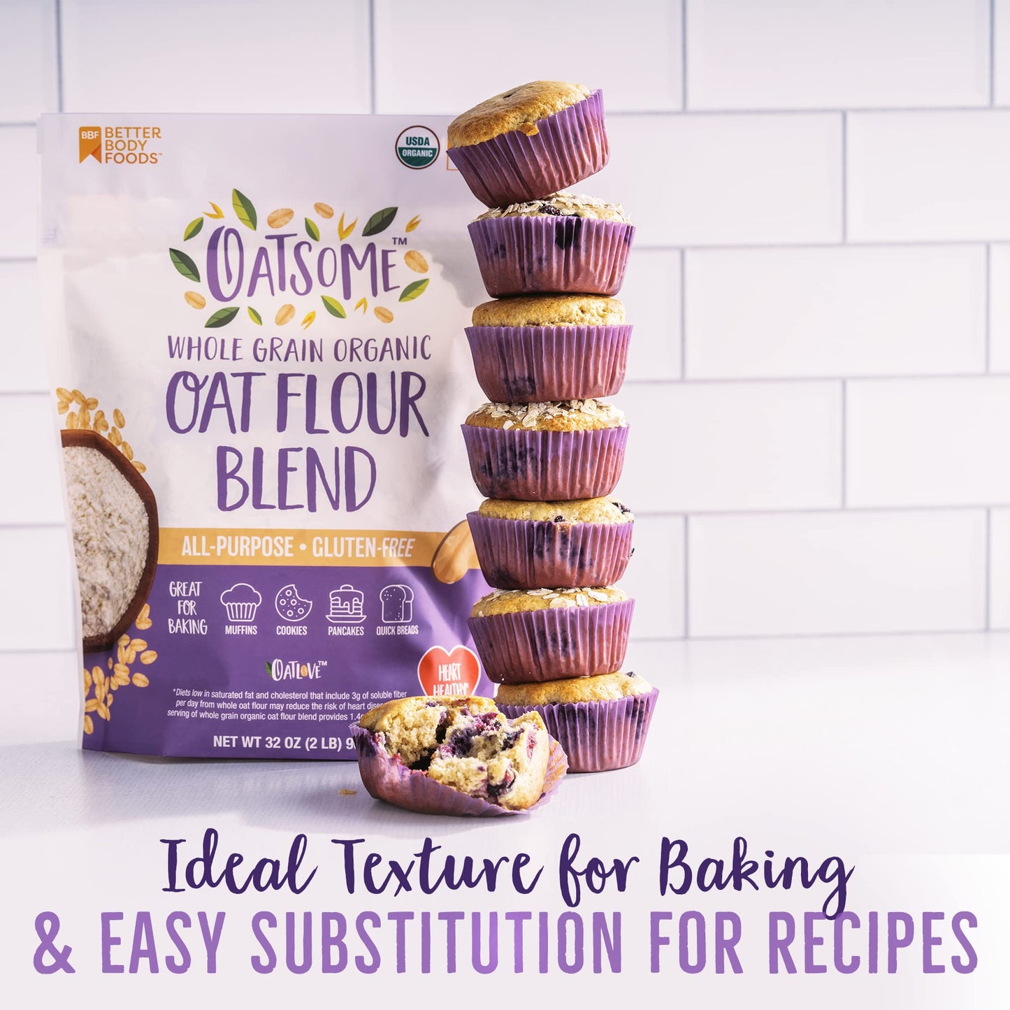 Oatsome Organic Oat Flour Blend, Whole Grain, Gluten-Free, All Purpose Flour for Baking, Vegan, 2 lb, 32 oz