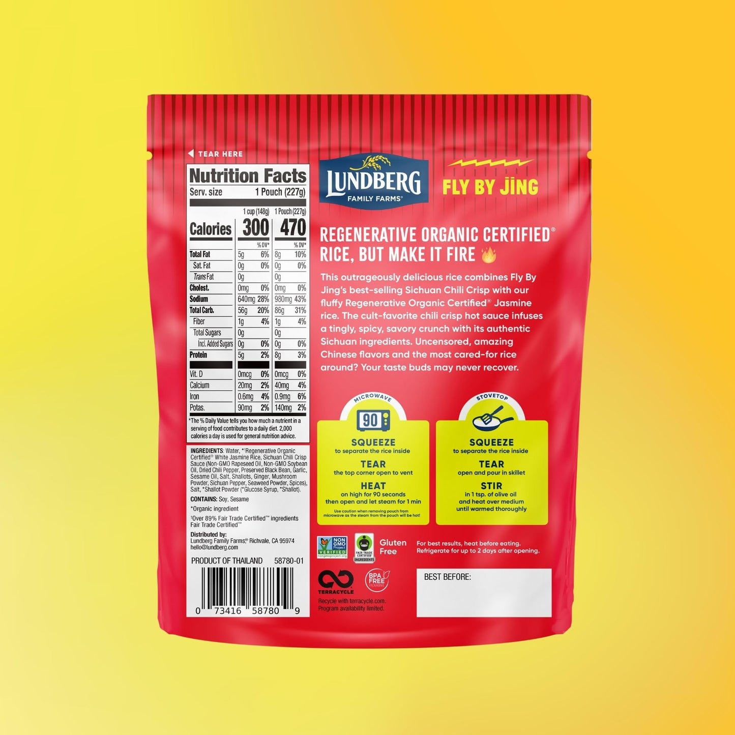 Lundberg X Fly By Jing Chili Crisp Rice - Microwave Ready in 90 Seconds  Regenerative Organic Jasmine Rice with Chili Crisp Seasoning  Gluten-Free  8oz Pouch