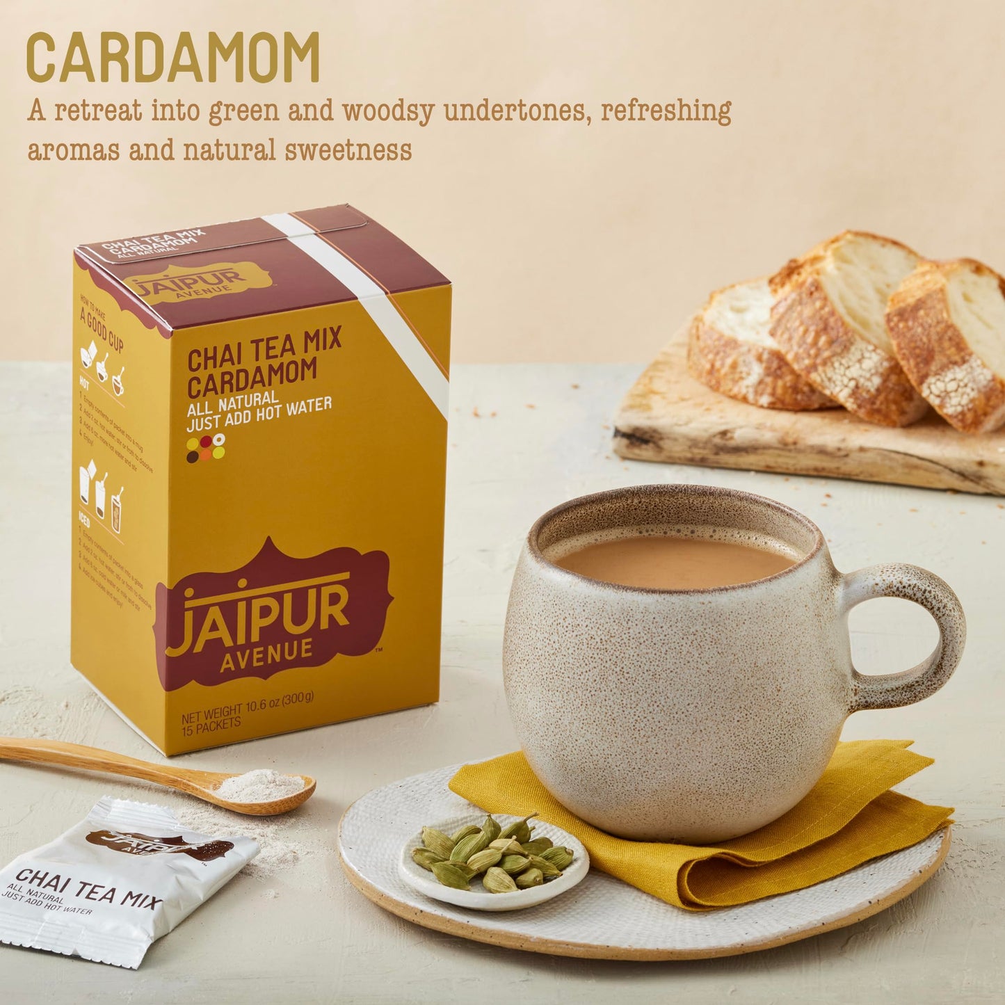 Jaipur Avenue Cardamom Chai Tea Mix Crafted With All-Natural Assam Black Tea, Cardamom, Cane Sugar, And Premium Dry Milk - Prese