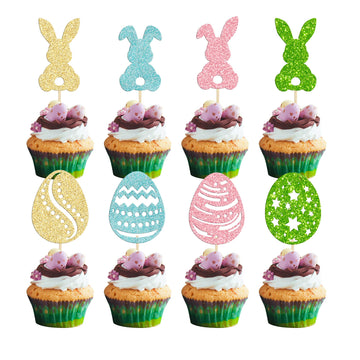 24Pcs Happy Easter Cupcake Toppers Glitter Cute Bunny Egg Cake Decorations Bunny Rabbit Cake Picks For Easter Spring Theme Babys