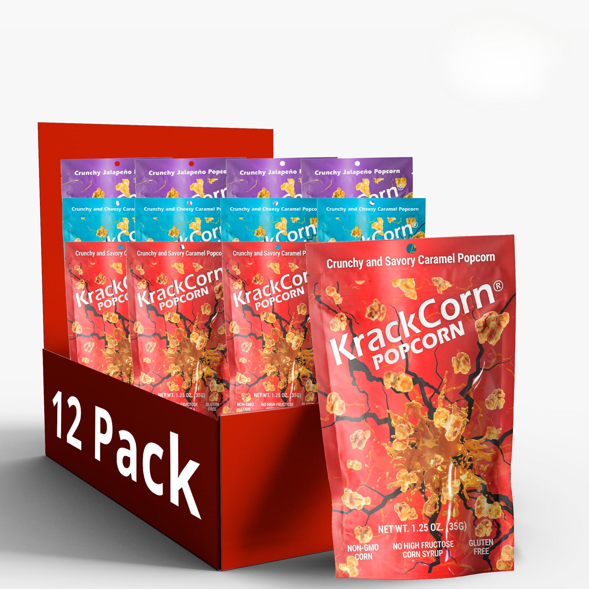 KrackCorn Popcorn Variety Pack - Original, Cheddar and Jalapeno (1.25 Oz) Flavored Popcorns, Gluten-Free & Non-GMO Healthy Snack