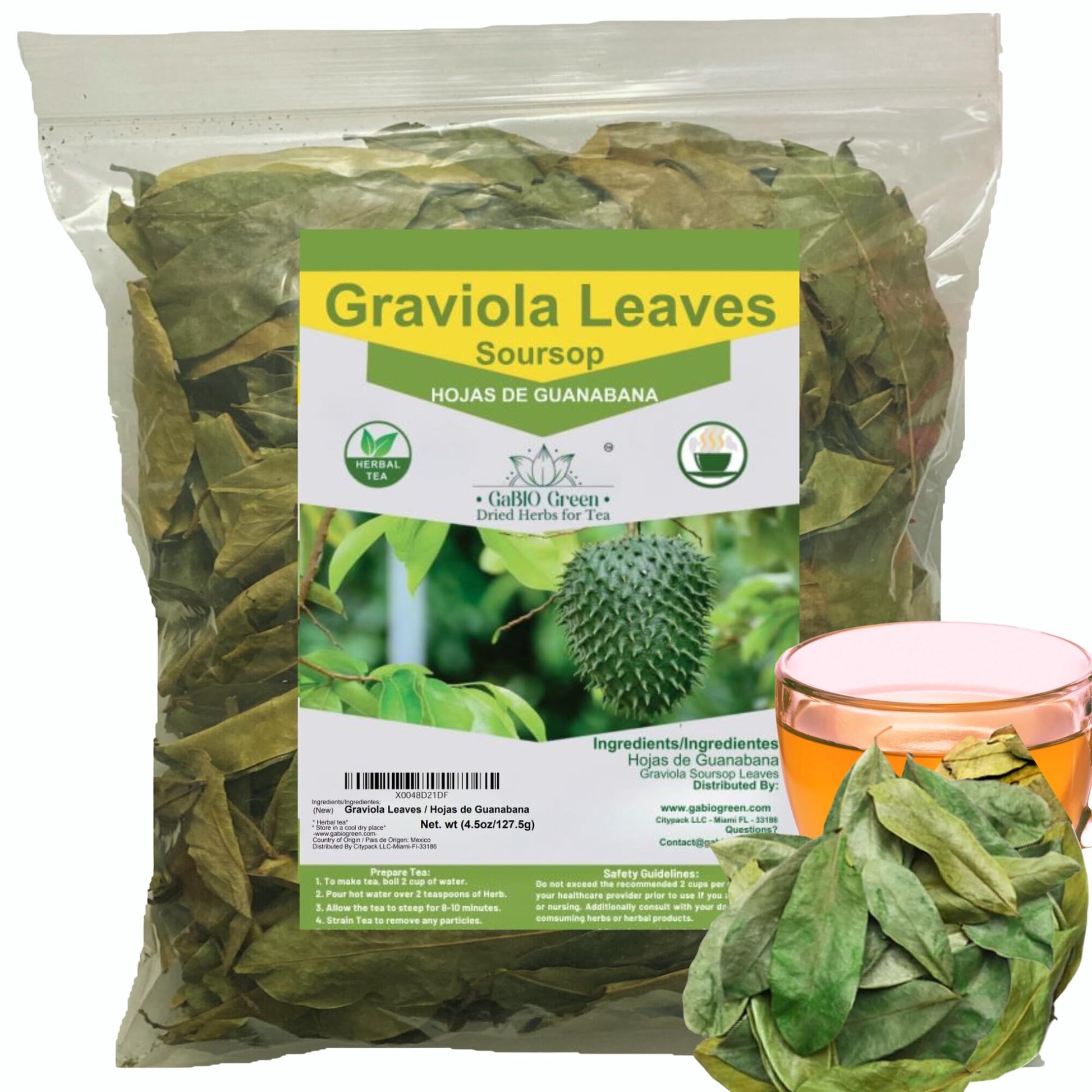 Gabio Green Soursop Leaves, Dried Herbs, Resealable Bag, 4.5 oz, Non-GMO, Gluten Free, Approx. 350 Leaves
