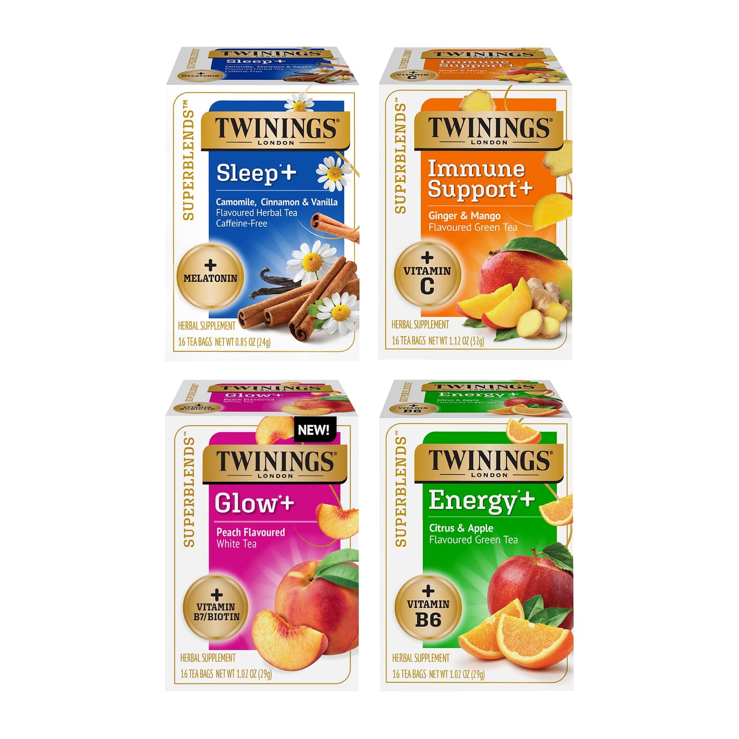 Twinings Superblends Variety Sampler Pack,Flavoured Herbal, Green & White Tea,Energy+ Vitamin B6, Sleep+ Melatonin, Immune Suppo