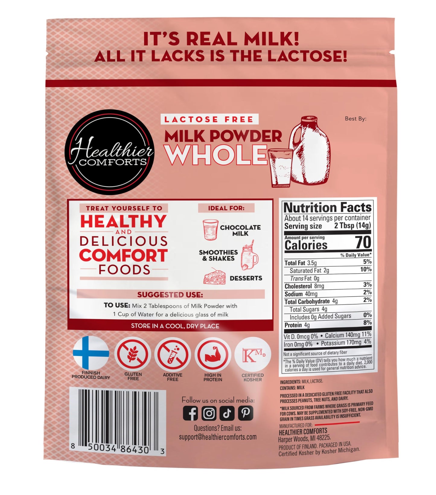 Healthier Comforts Lactose Free Whole Milk Powder, Non-GMO, Gluten Free, 7 Ounce