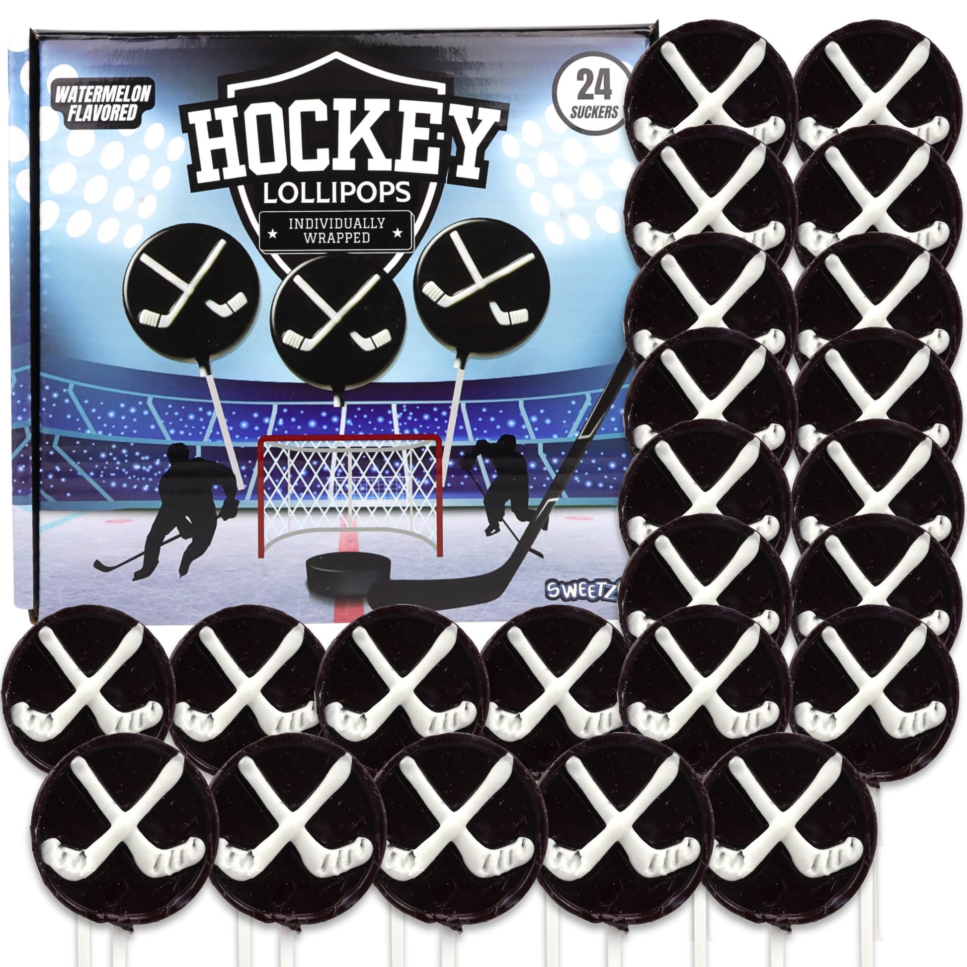 Sweetzo Hockey Puck Lollipops, Individually Wrapped Candy Party Favors, 24 Count, Ideal End of Year Team Gifts, Hockey Puck Size