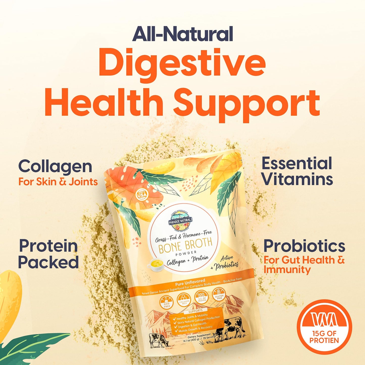 Paradise Naturals Beef Bone Broth Protein Powder, 100% Grass-Fed, 15g Protein, 8 Servings, Non-GMO, Low Sodium, Gluten-Free