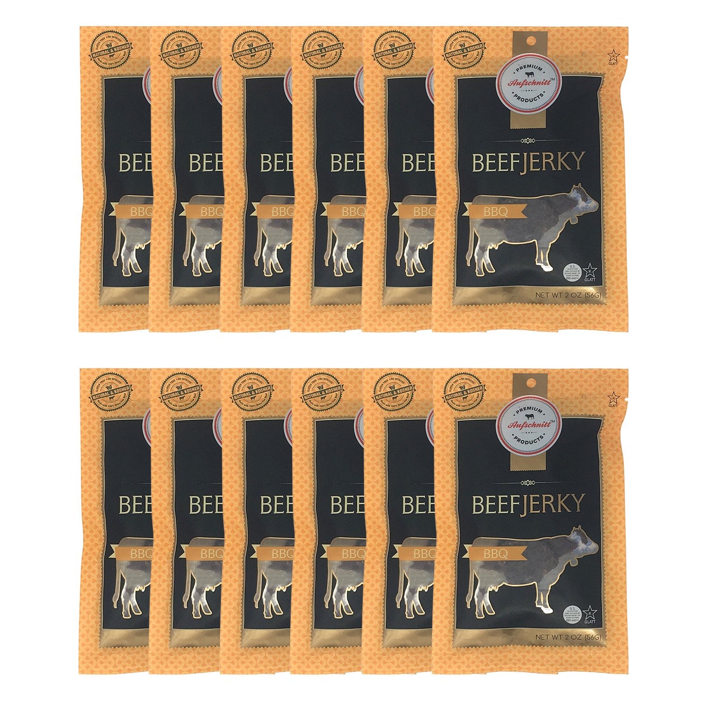 Aufschnitt Beef Jerky - Barbecue - 12 Pack (2 Oz Each) - Kosher Glatt Star-K Certification Gluten Free All Natural No Nitrites G