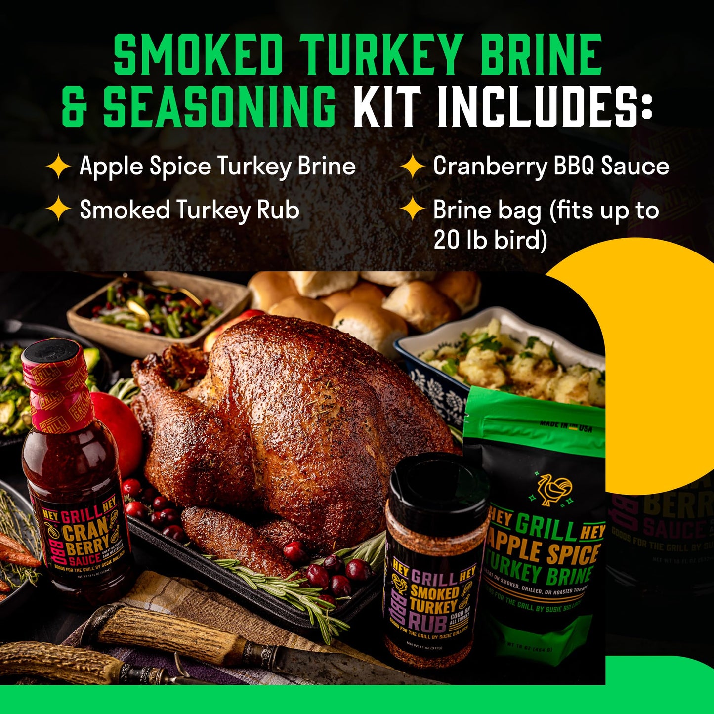 Hey Grill Hey | Turkey Brine Kit | | Includes Apple Spice Brine  Smoked Turkey Rub  and Cranberry BBQ Glaze| Smoked Turkey Brine & Seasoning Kit