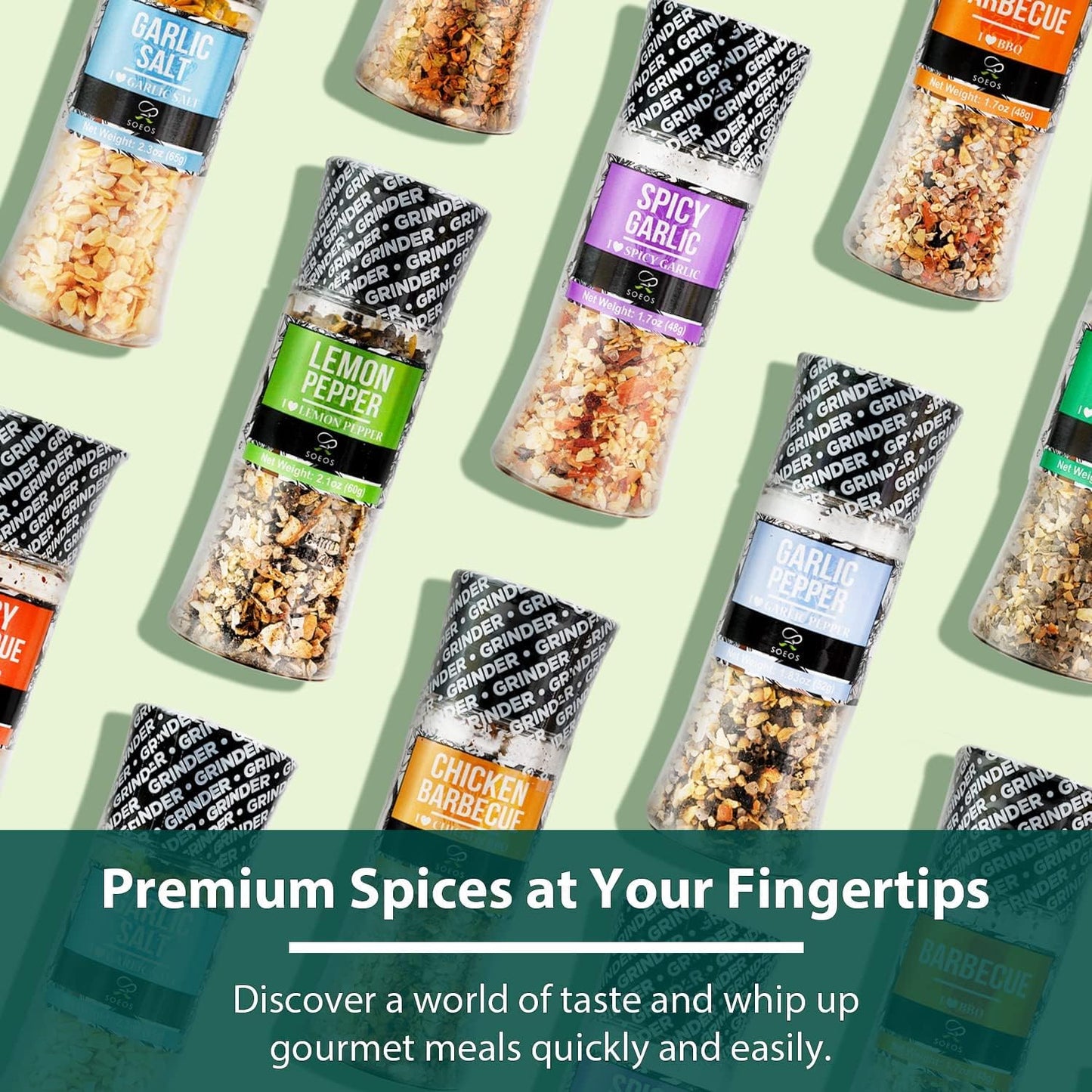 Soeos Spice Seasoning Set of 9 with Integrated Grinders, Individual Spice Grinder, Pure and Fresh Perfect for BBQ Seasoning Gift