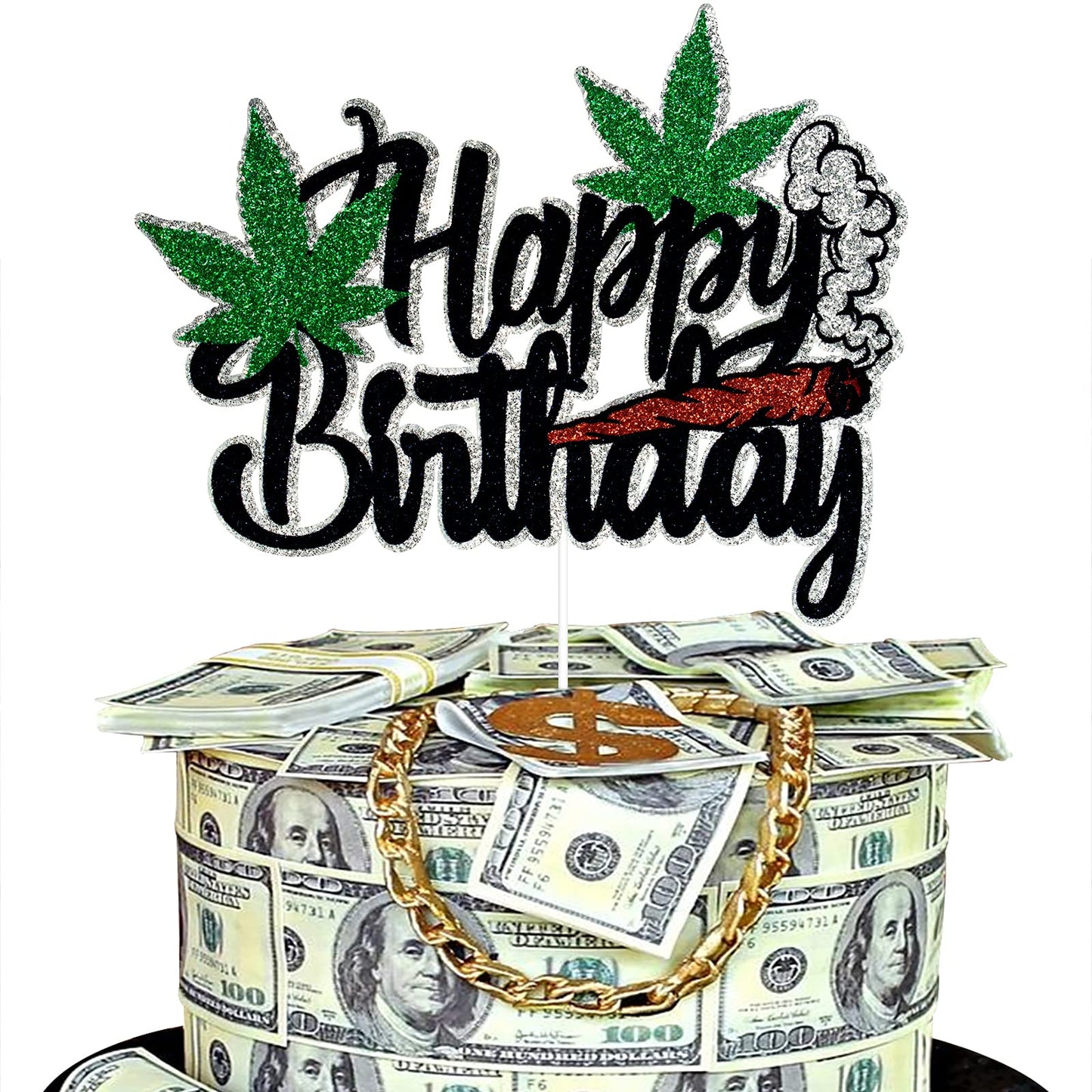 ZFMY Wong Happy Birthday Cake Topper - Black Glitter Weed Leaf Decoration - 14.5cm/5.7in x 10.7cm/4.2in