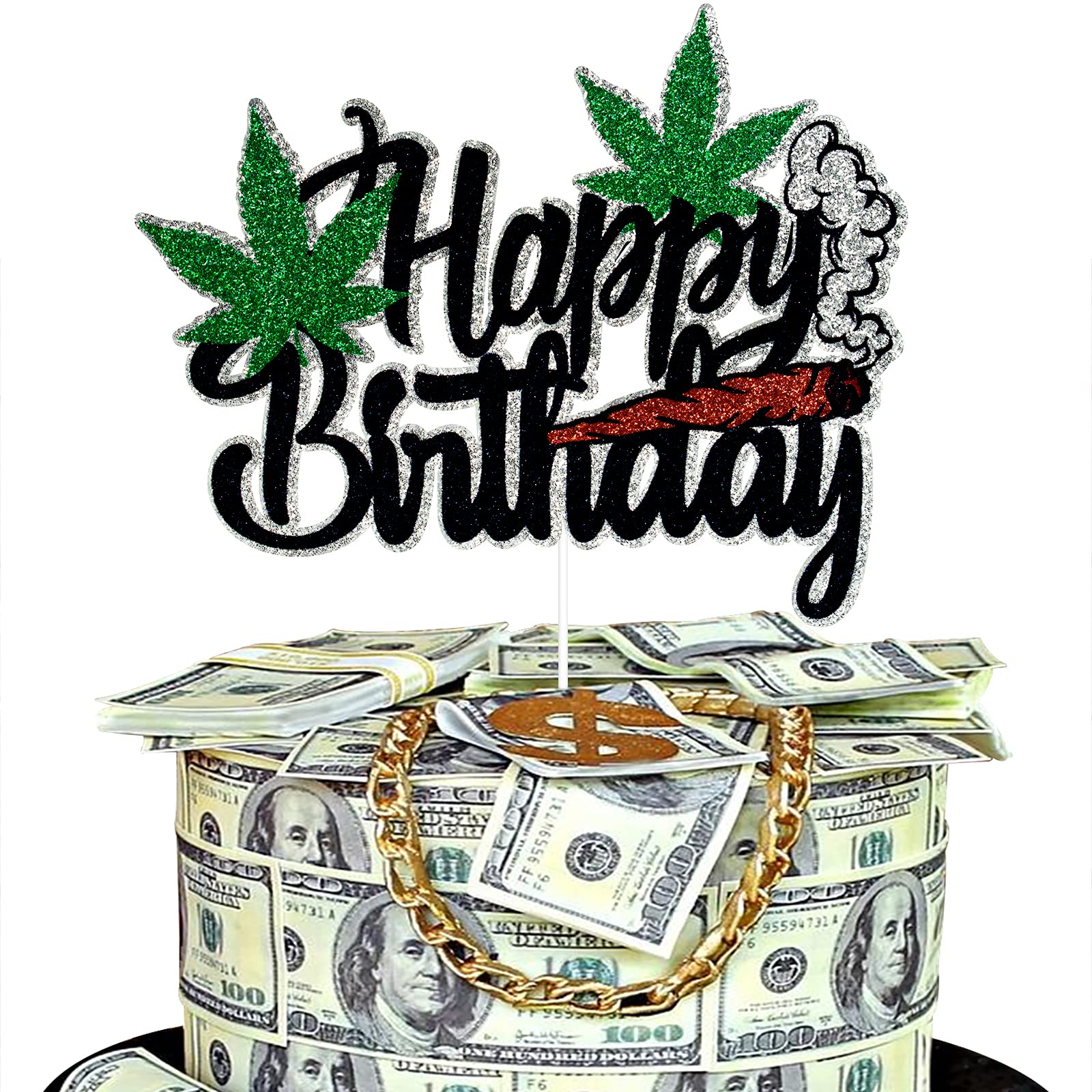 ZFMY Wong Happy Birthday Cake Topper - Black Glitter Weed Leaf Decoration - 14.5cm/5.7in x 10.7cm/4.2in