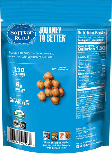 Saffron Road Organic Sea Salt Crunchy Roasted Chickpea Snacks- 5.4Oz 6-Pack, Gluten Free, Non-Gmo, Vegan Dried Crispy Chickpeas