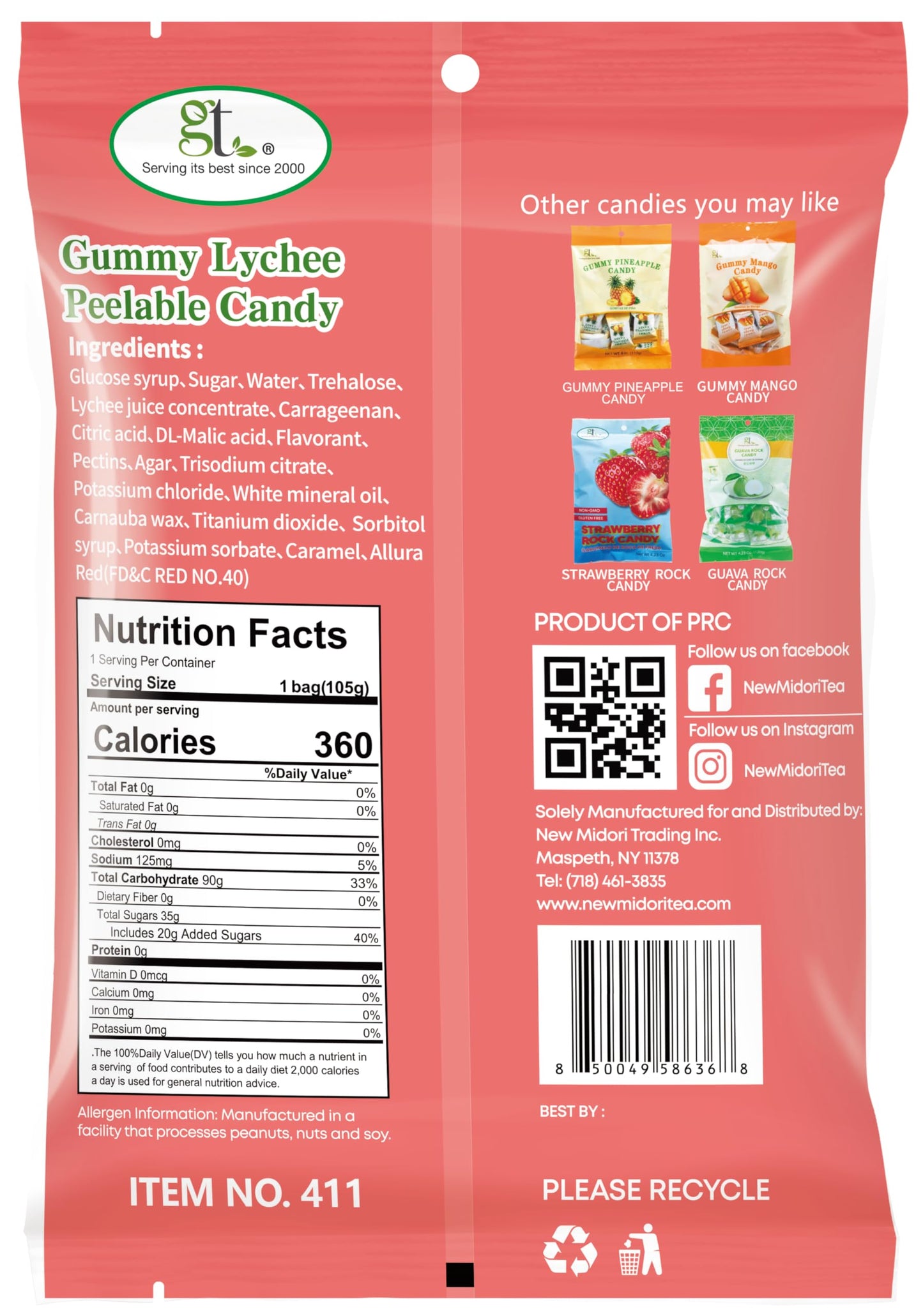 Gt Gummy Lychee Peelable Candy, 3.7 Oz, Non Gmo, Gluten Free