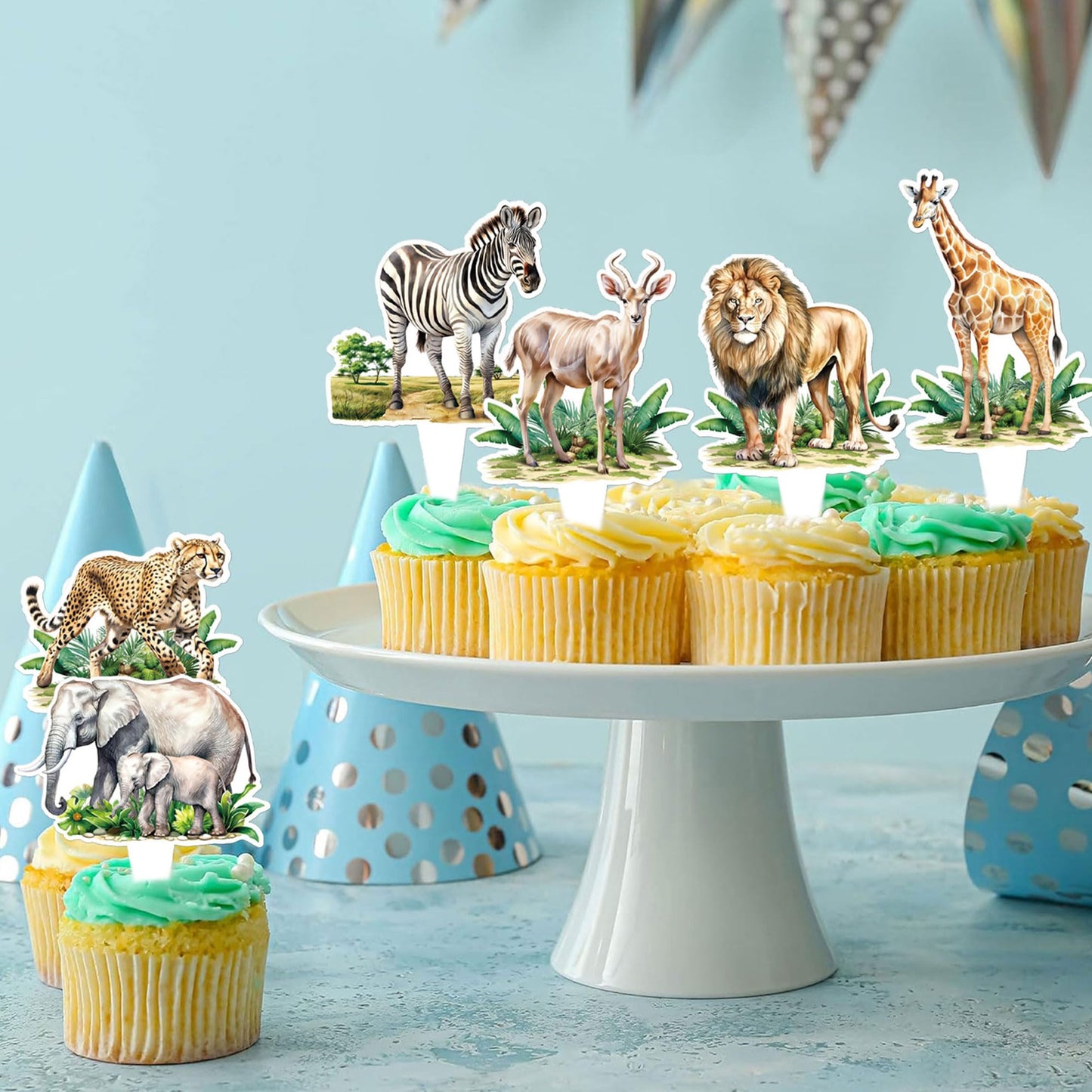 Cyodoos 24Pcs Jungle Safari Animal Cupcake Toppers,Selected Jungle Themed Children'S Party Birthday And Baby Shower Cake Decorat