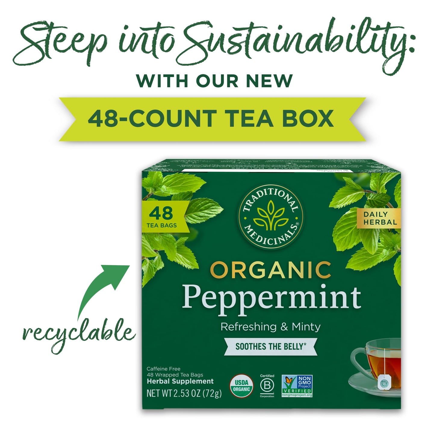 Traditional Medicinals Tea, Organic Peppermint, Soothes Your Belly, Refreshing & Minty, 48 Tea Bags