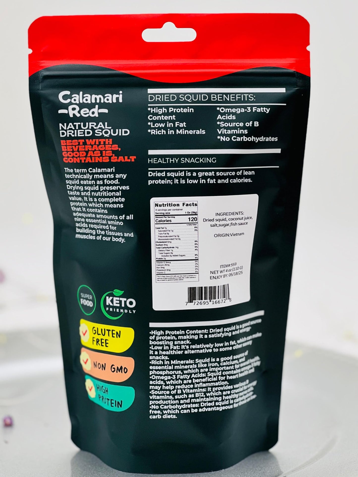 Premium Dried Squid - 4Oz (110G) - Delicious Seafood Snack, High Protein. Dry Shredded Squid (Calamari). Keto Friendly, Non-Gmo,