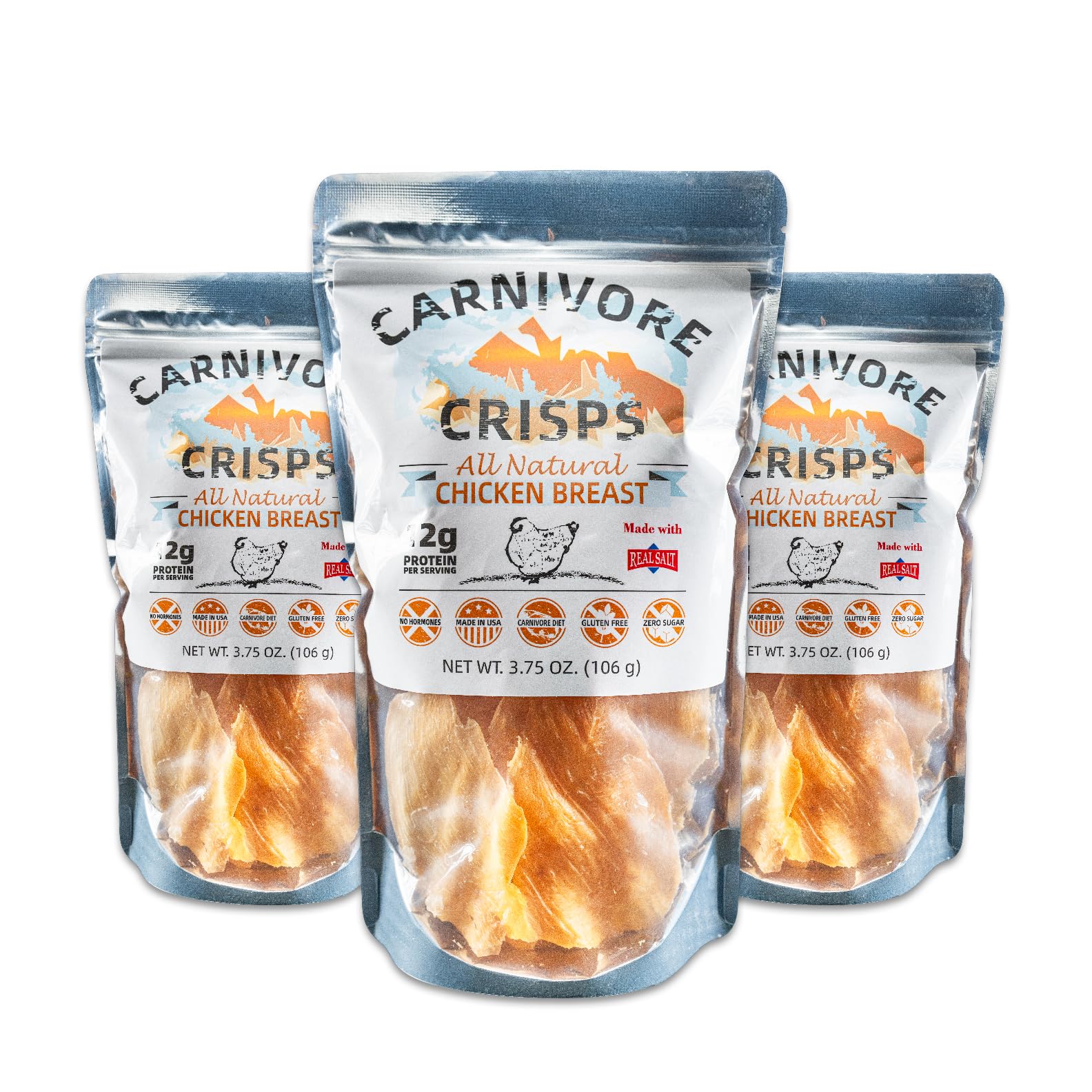 Carnivore Crisps Chicken Breast, All Natural, High Protein, Gluten-Free, 3.75 oz (Pack of 3)