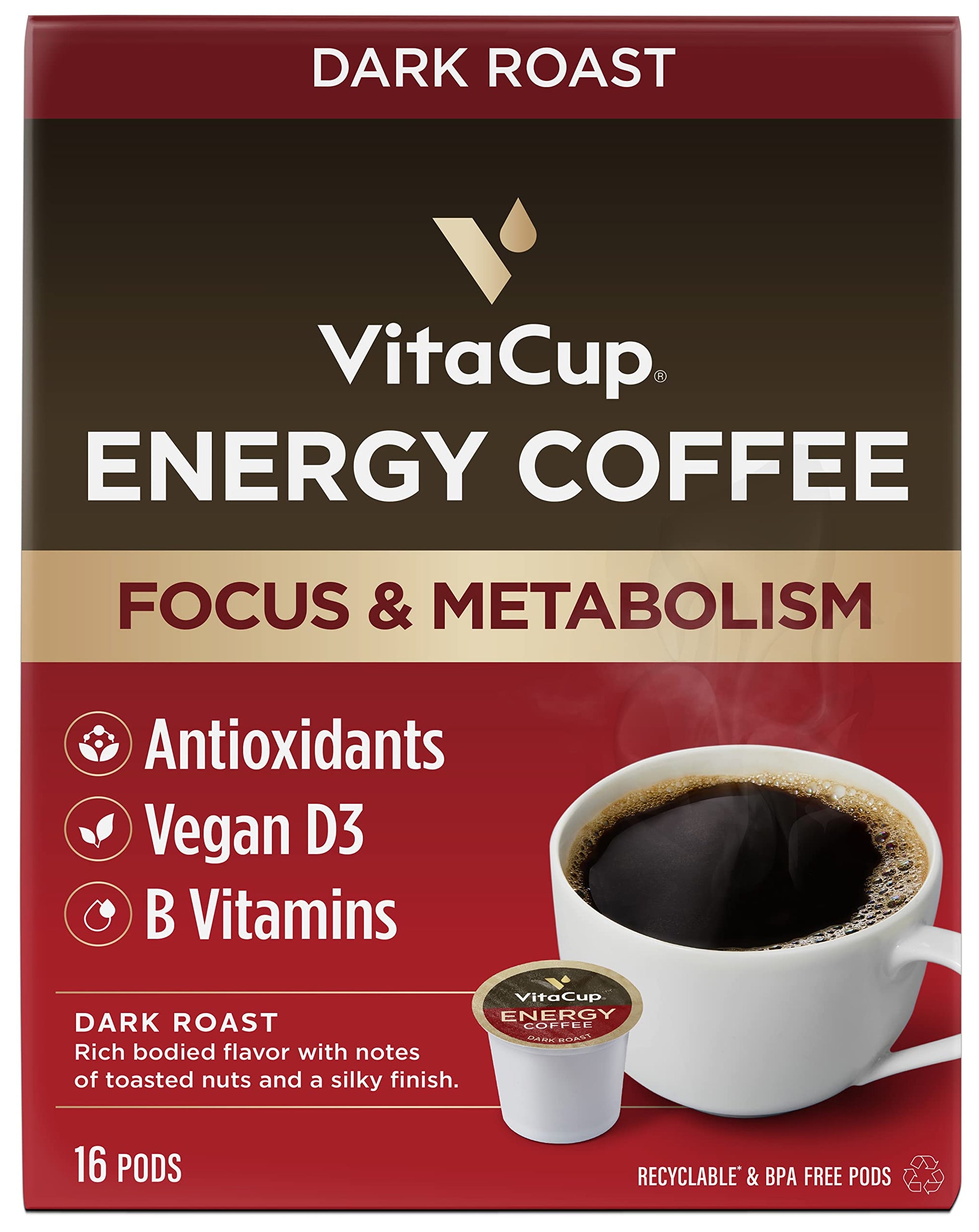 VitaCup Dark Roast Coffee Pods, 100% Arabica, 16 Ct, Recyclable Single Serve, Compatible with Keurig K-Cup Brewers, White