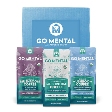 Organic Mushroom Coffee 3 Bag Gift Box Set, Lion's Mane & Chaga, Red Reishi & Chaga Decaffeinated, Turkey Tail & Cordyceps, Immu