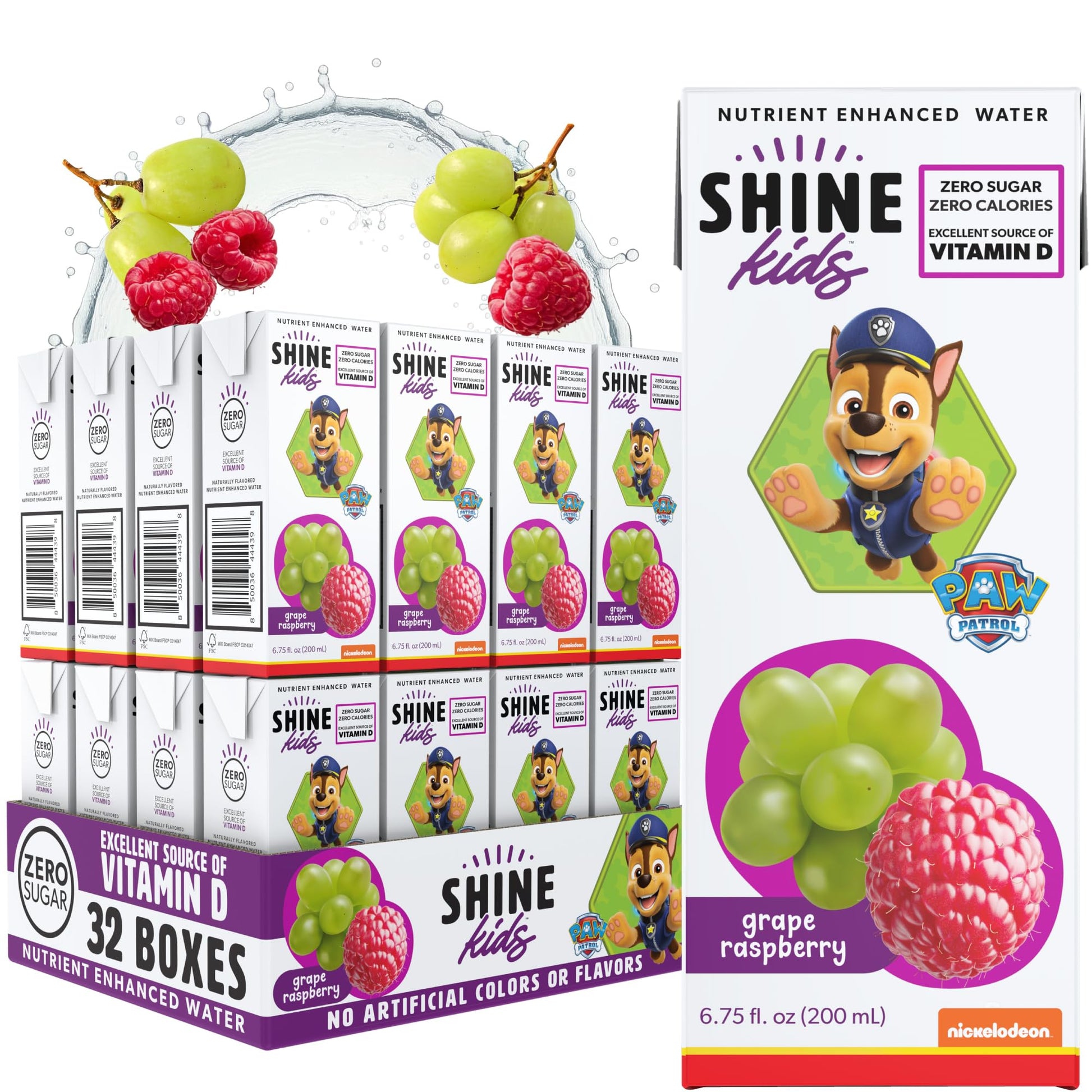 ShineWater Kids x Paw Patrol Vitamin D Grape Raspberry Juice Boxes | No Added Sugar | Naturally Flavored Drink for Kids | Vegan 