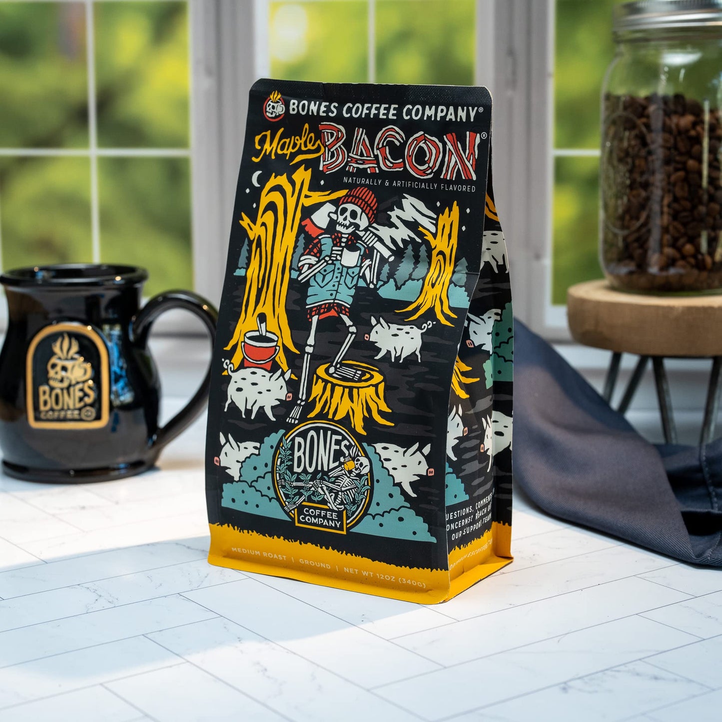 Bones Coffee Company Maple Bacon Whole Coffee Beans, Low Acid Flavored Coffee, Made With Arabica Coffee Beans, Medium Roast Gour