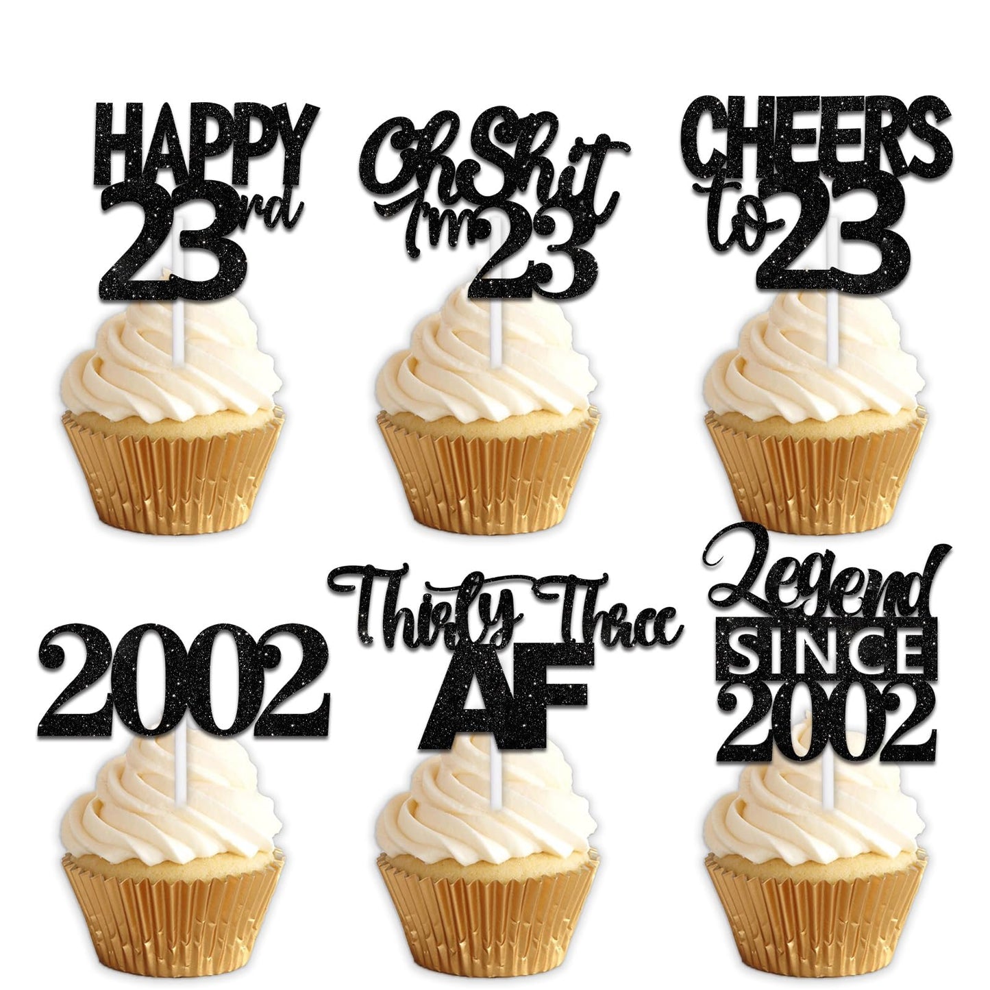 18Pcs Black Glitter Happy 23Rd Dessert Cupcake Topper Pick For Funny Legend Since 2002 Theme Decor Supplies Men Women Happy 23 B