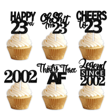18Pcs Black Glitter Happy 23Rd Dessert Cupcake Topper Pick For Funny Legend Since 2002 Theme Decor Supplies Men Women Happy 23 B