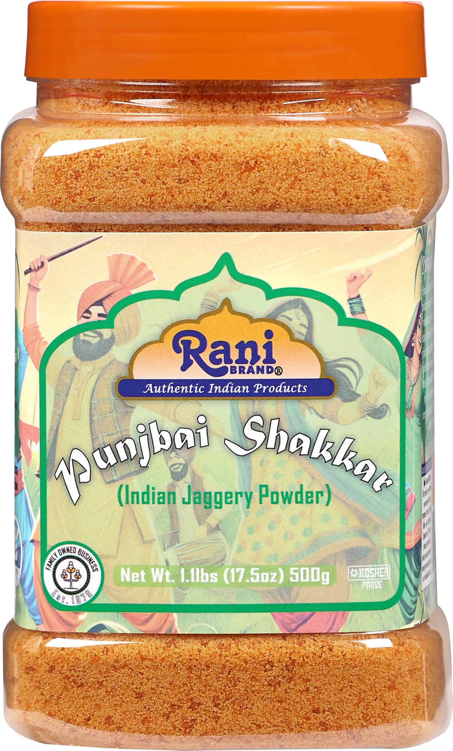 Rani Punjabi Shakkar (Gur Jaggery Powder) Indian Unrefined Raw Cane Sugar 17.5oz (1.1lbs) 500g PET Jar ~ Gluten Friendly | Vegan