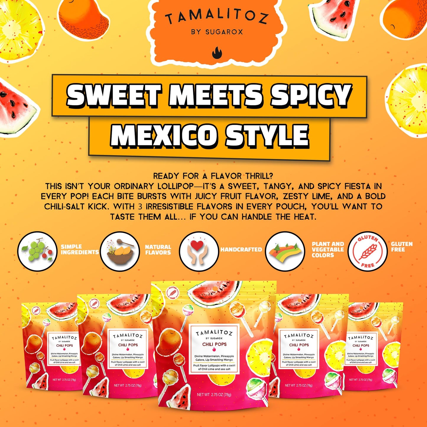 Tamalitoz Chili Pops - Spicy Mexican Lollipops with Chile, Lime & Sea Salt - Fruity Handcrafted Candy, Gluten-Free, Kosher, No A