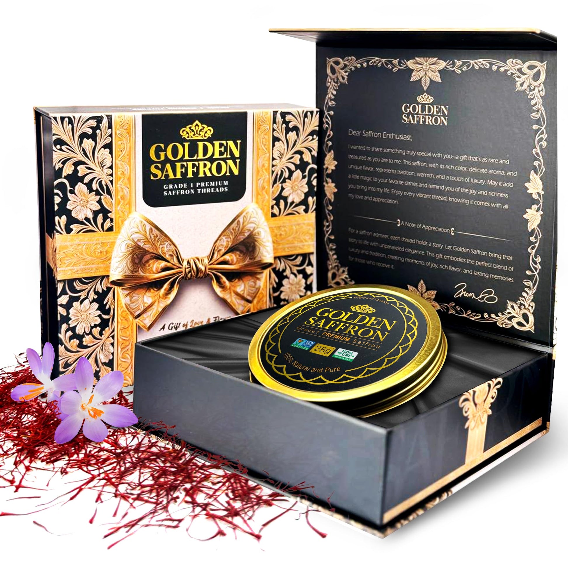 Golden Saffron Luxtury Gift Box, Enhanced All Red Saffron Threads, Grade A+ Super Negin, Perfect For Any Occasions Non-Gmo Verified For Tea, Paella, Rice, Desserts, And Risotto (10.0 Grams Gift Box)