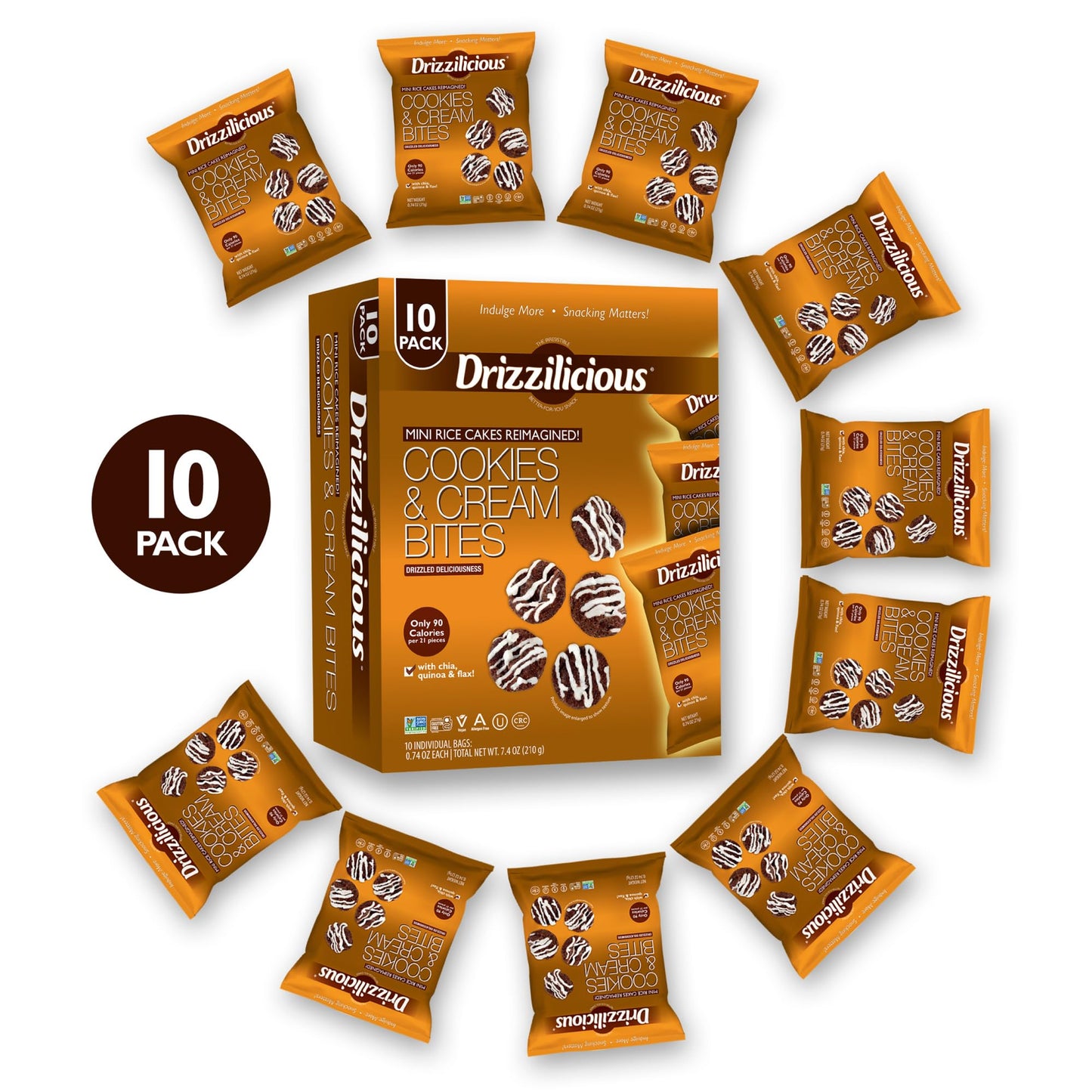 Drizzilicious Mini Rice Cakes Cookies & Cream, Vegan, Gluten Free, 0.74 oz (Pack of 10)
