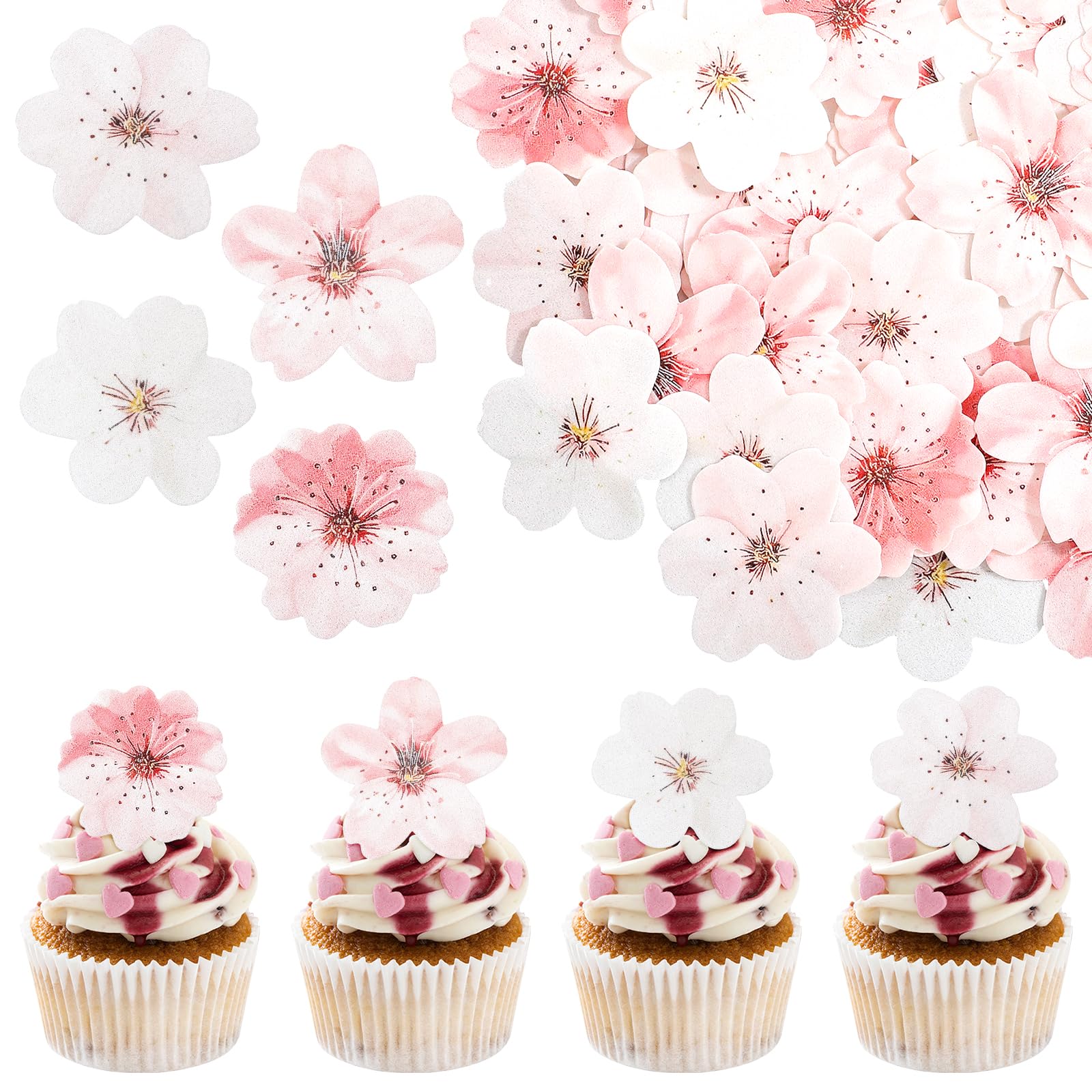 Yolev Edible Flower Cupcake Toppers, 75 Pcs Cherry Blossoms, Wafer Paper, 1.8 in, White/Pink, Wedding/Birthday Party Decorations