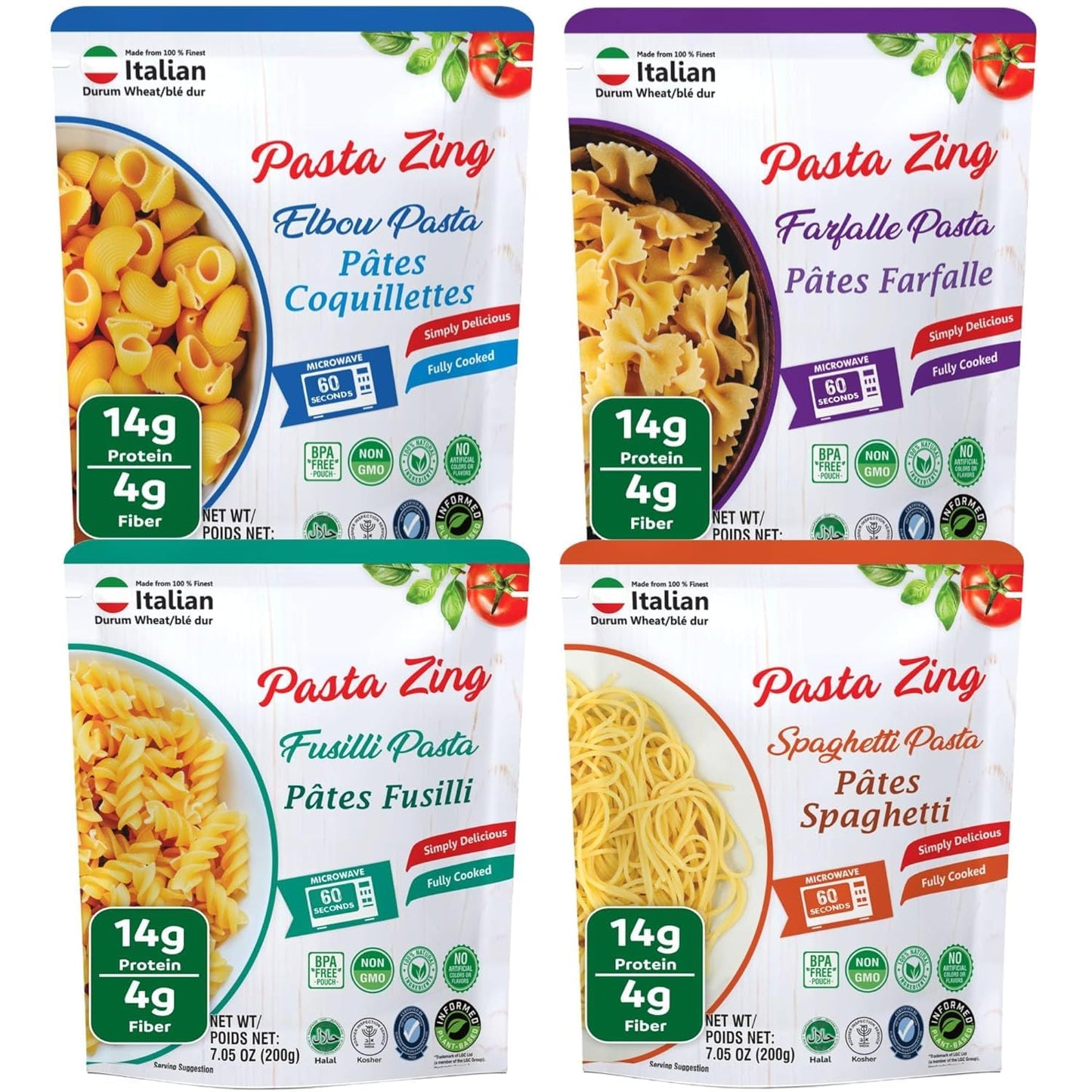 PASTA ZING Microwavable Pasta Variety Pack of 7 - 2x Elbow, 2x Farfalle, 2x Spaghetti, 1x Fusilli, 